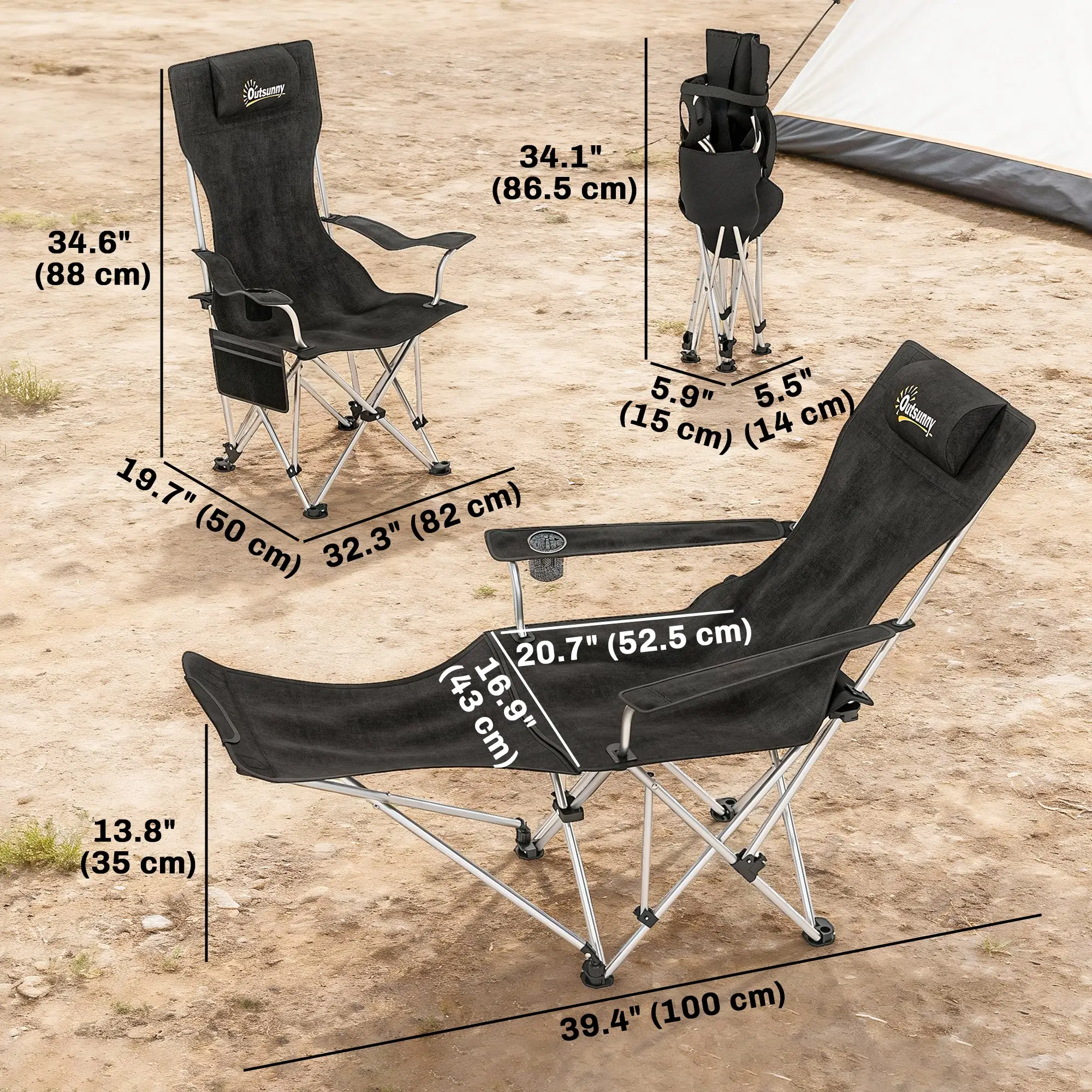 Set of 2 Reclining Camping Chairs with Foot Rest, Headrest, Cup Holder, Storage Bag, Black - Image 3