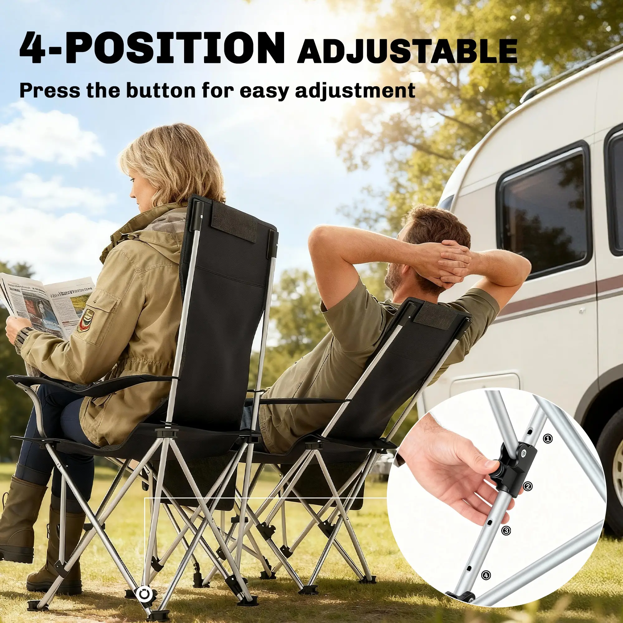 Set of 2 Reclining Camping Chairs with Foot Rest, Headrest, Cup Holder, Storage Bag, Black - Image 4