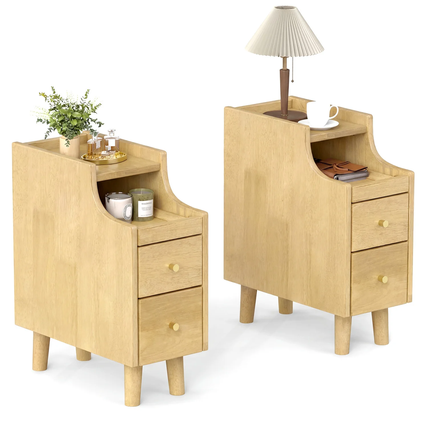 Set of 2 Solid Wood Nightstand with Pull-Out Tray, Drawers, Natural