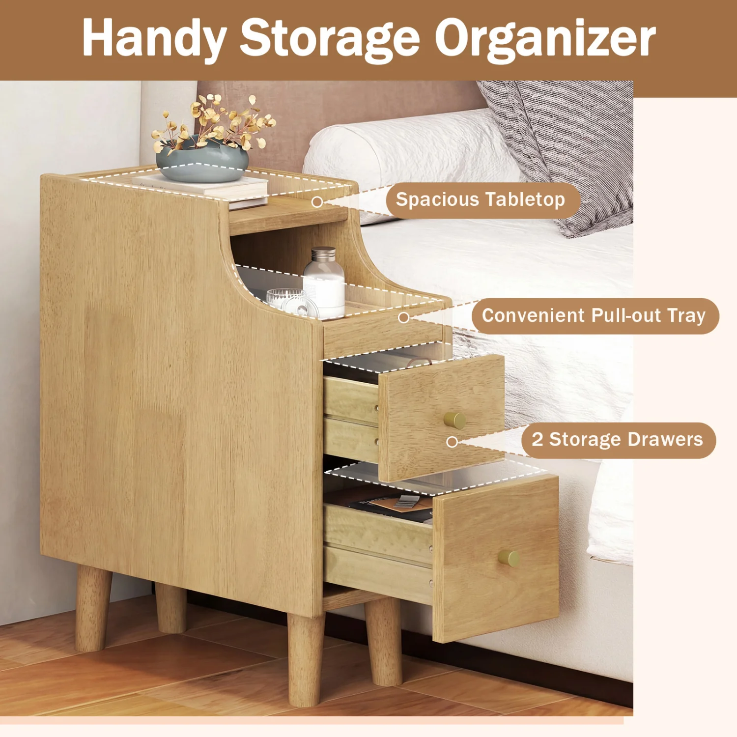 Set of 2 Solid Wood Nightstand with Pull-Out Tray, Drawers, Natural - Image 4