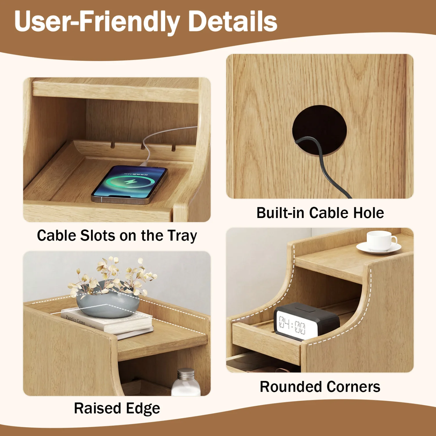 Set of 2 Solid Wood Nightstand with Pull-Out Tray, Drawers, Natural - Image 6