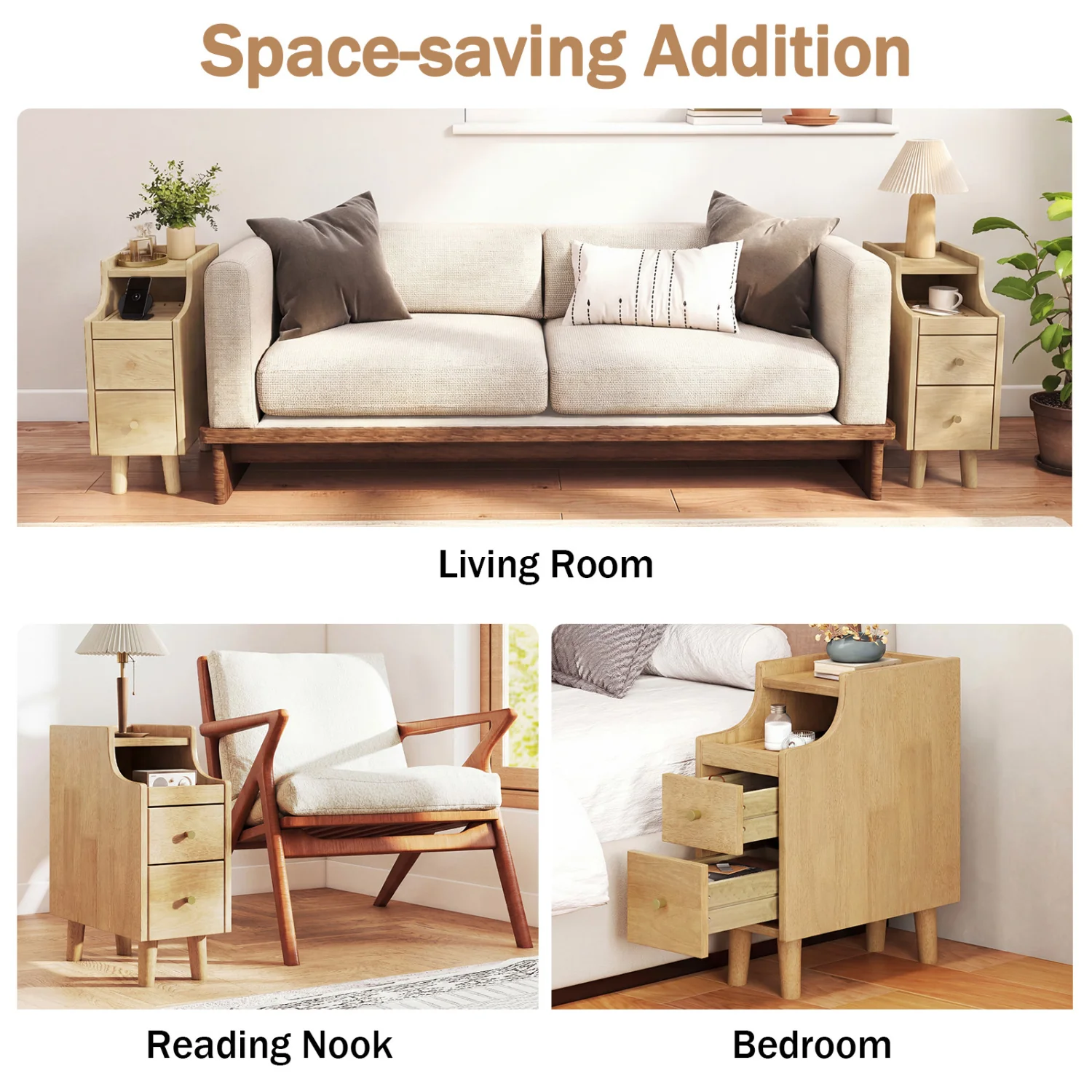 Set of 2 Solid Wood Nightstand with Pull-Out Tray, Drawers, Natural - Image 7