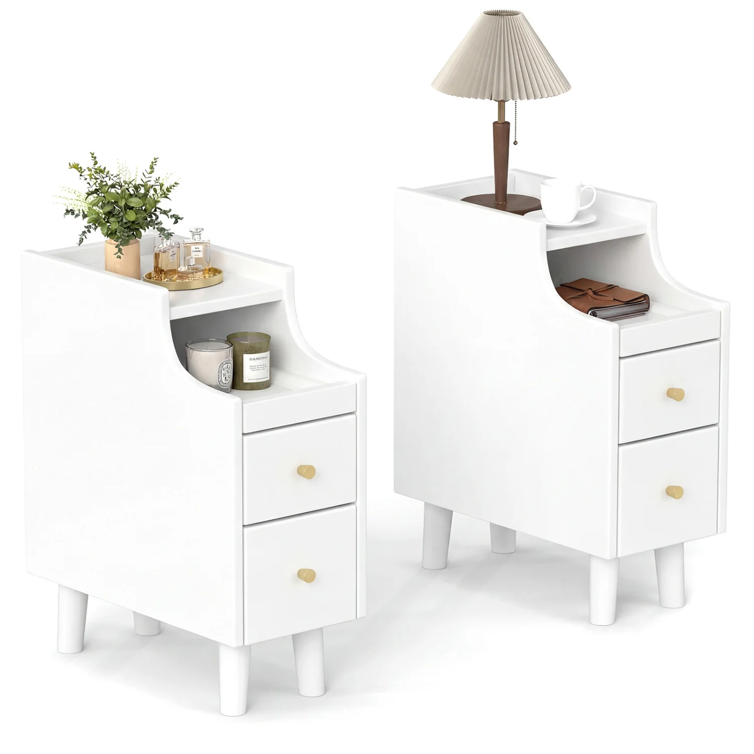 Set Of 2 Solid Wood Nightstand With Pull-out Tray, White