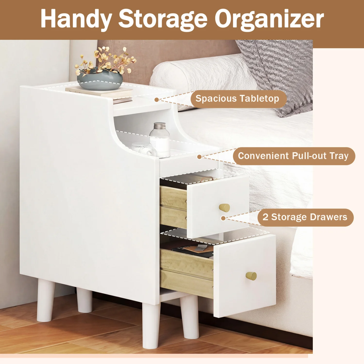 Set Of 2 Solid Wood Nightstand With Pull-out Tray, White - Image 4