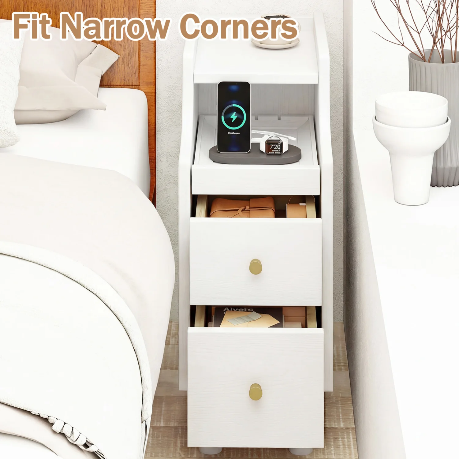 Set Of 2 Solid Wood Nightstand With Pull-out Tray, White - Image 8