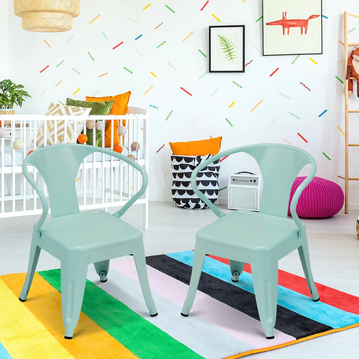 Set Of 2 Steel Armchair Stackable Kids Chairs, Multicolor - Image 7