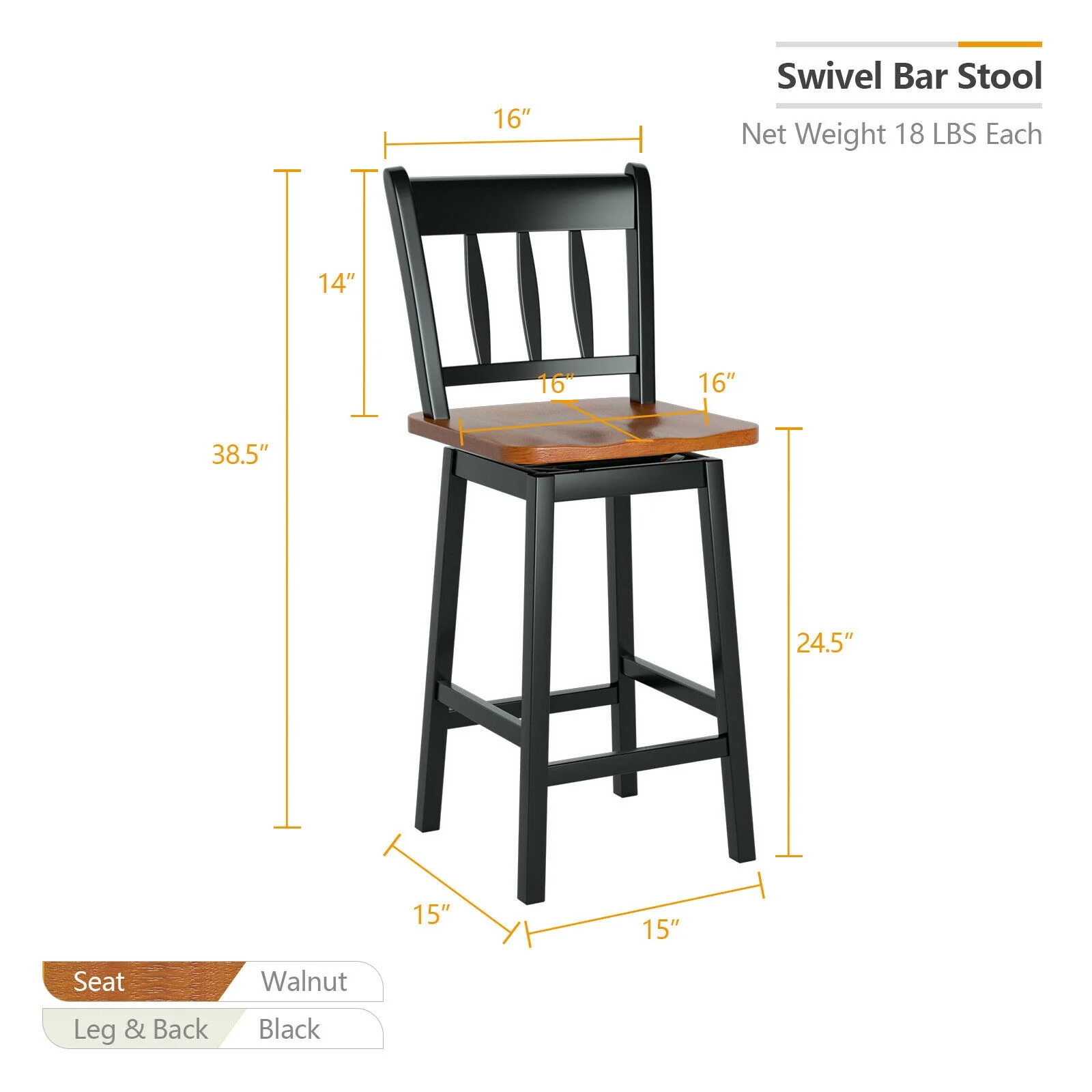 Set Of 2 Swivel Bar Stools, 24.5 Inches, Black - Image 5