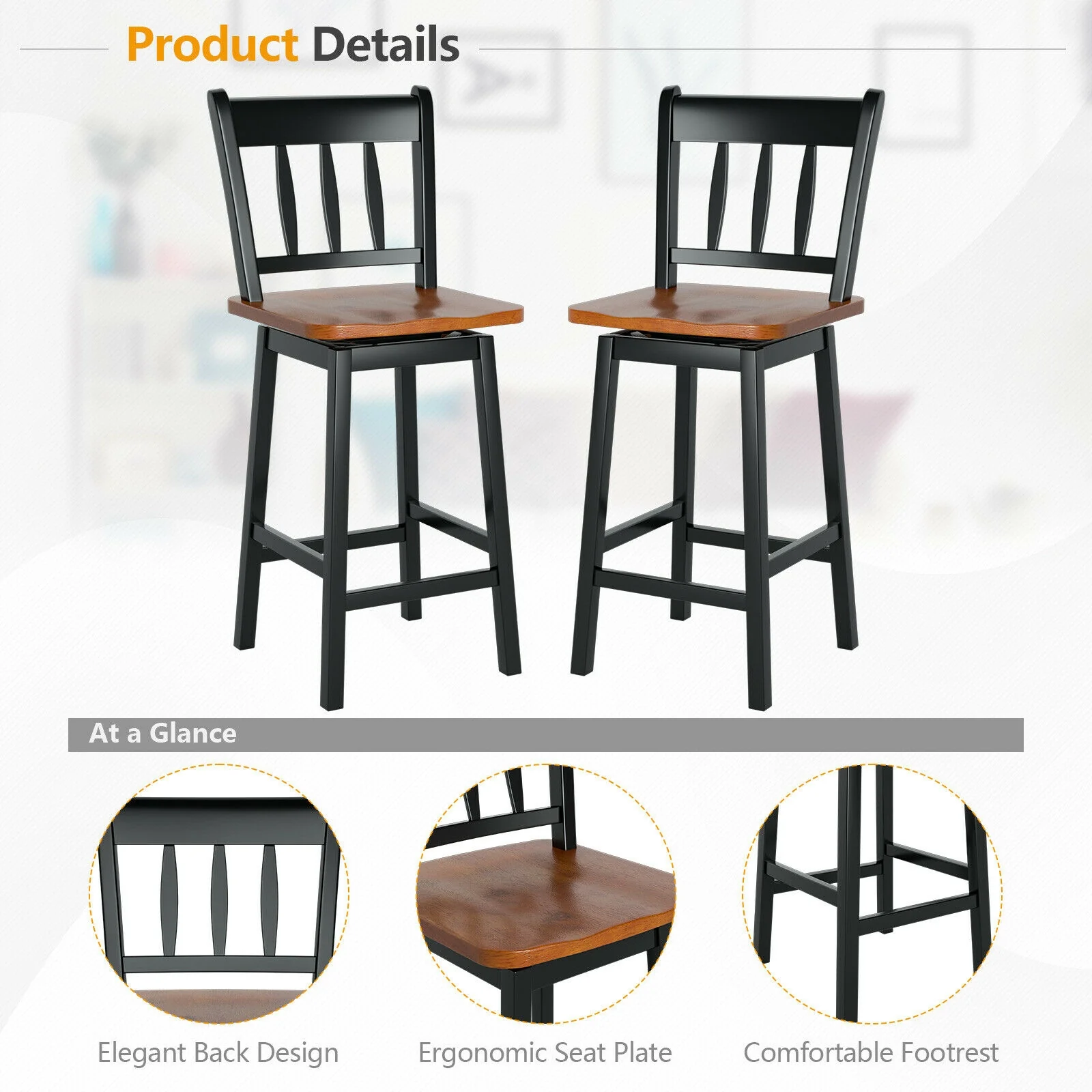 Set Of 2 Swivel Bar Stools, 24.5 Inches, Black - Image 8