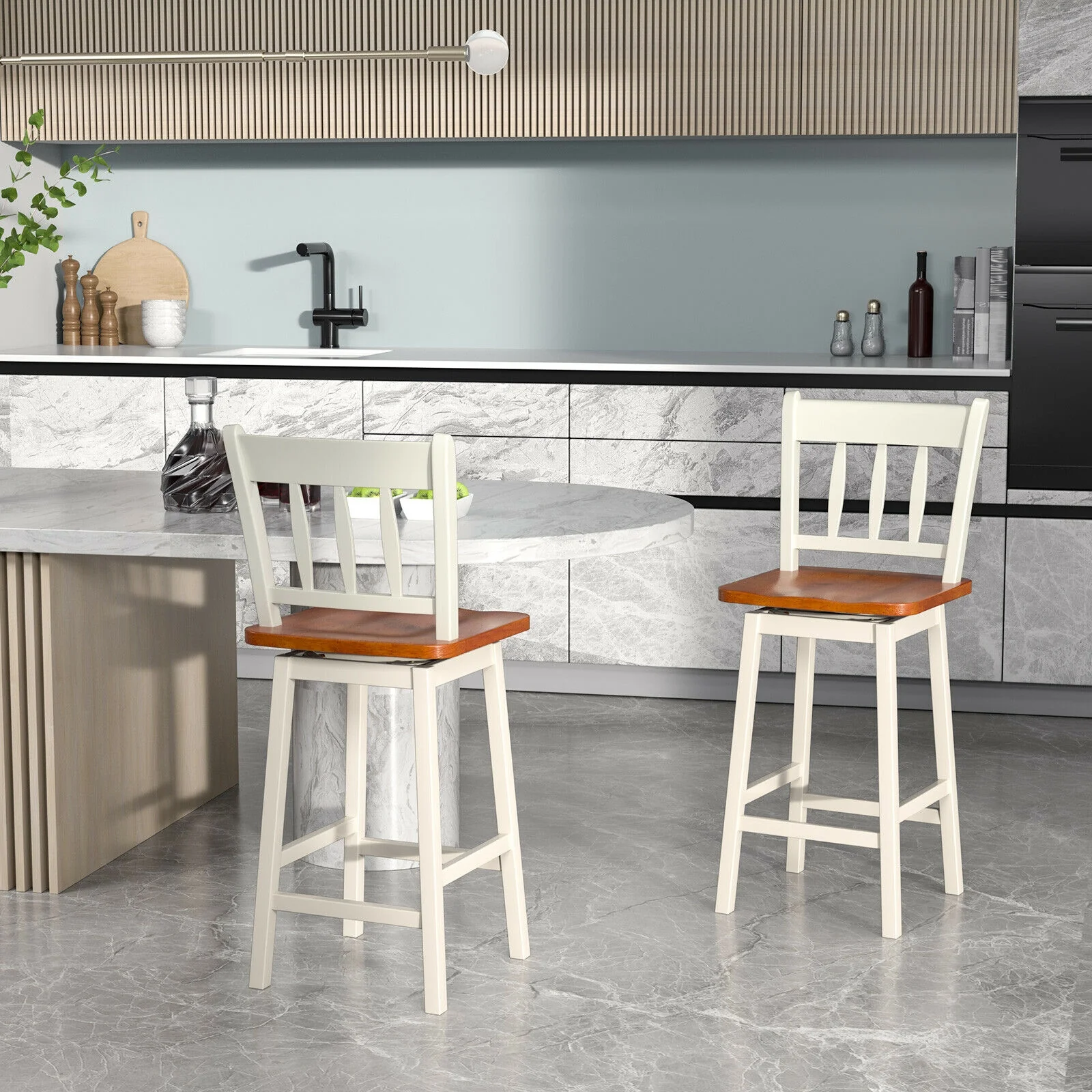 Set Of 2 Swivel Bar Stools, 24.5 Inches, White - Image 2