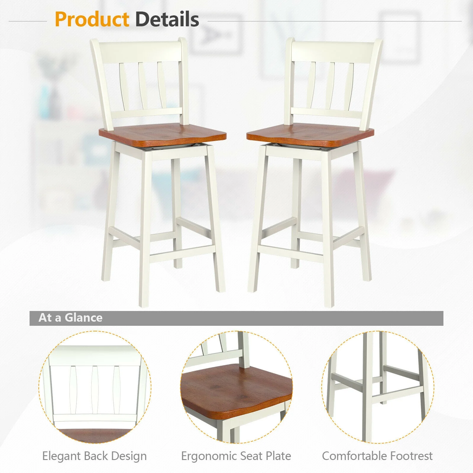 Set Of 2 Swivel Bar Stools, 24.5 Inches, White - Image 9