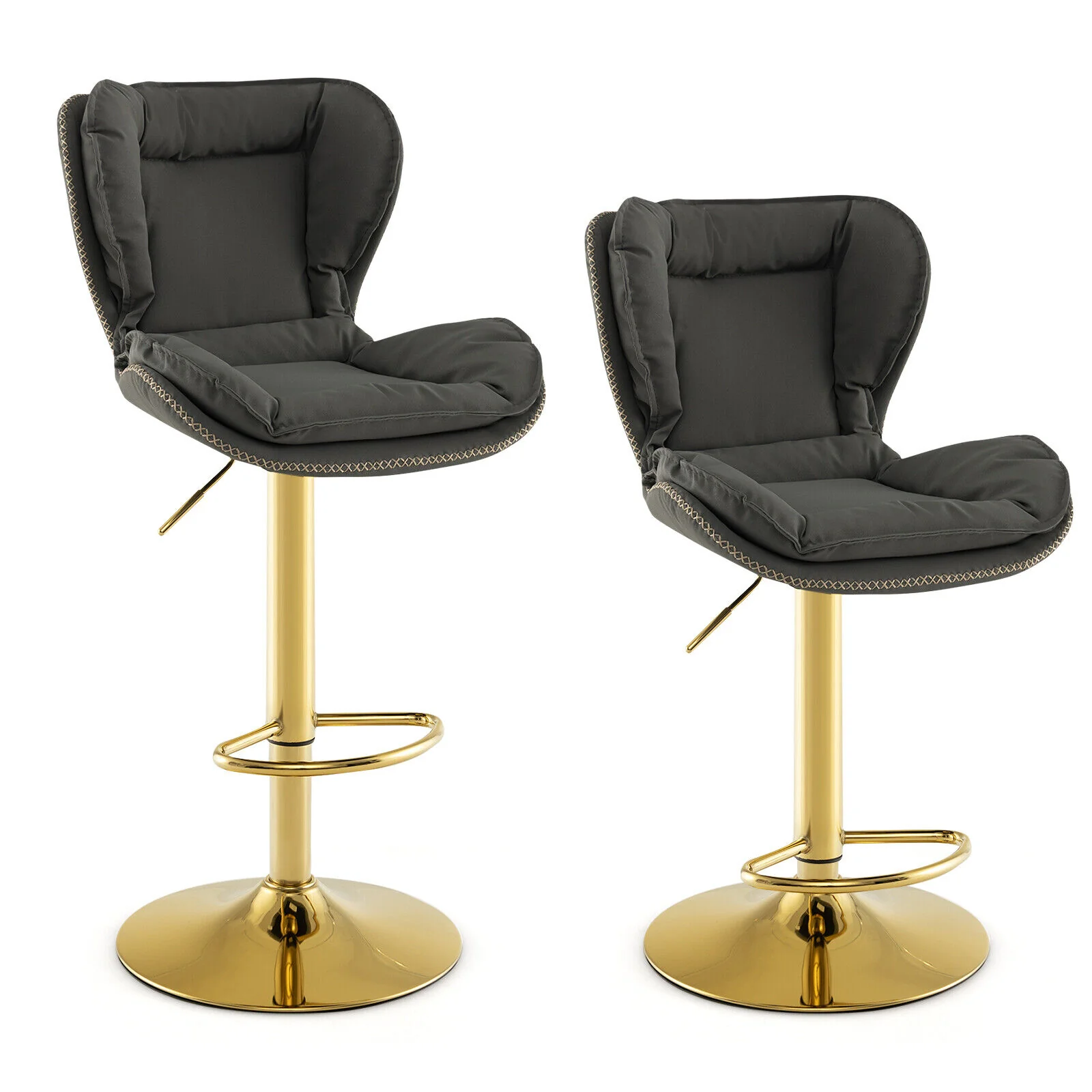 Set Of 2 Swivel Bar Stools, PU Leather, With Footrest And Curved Backrest, Gray