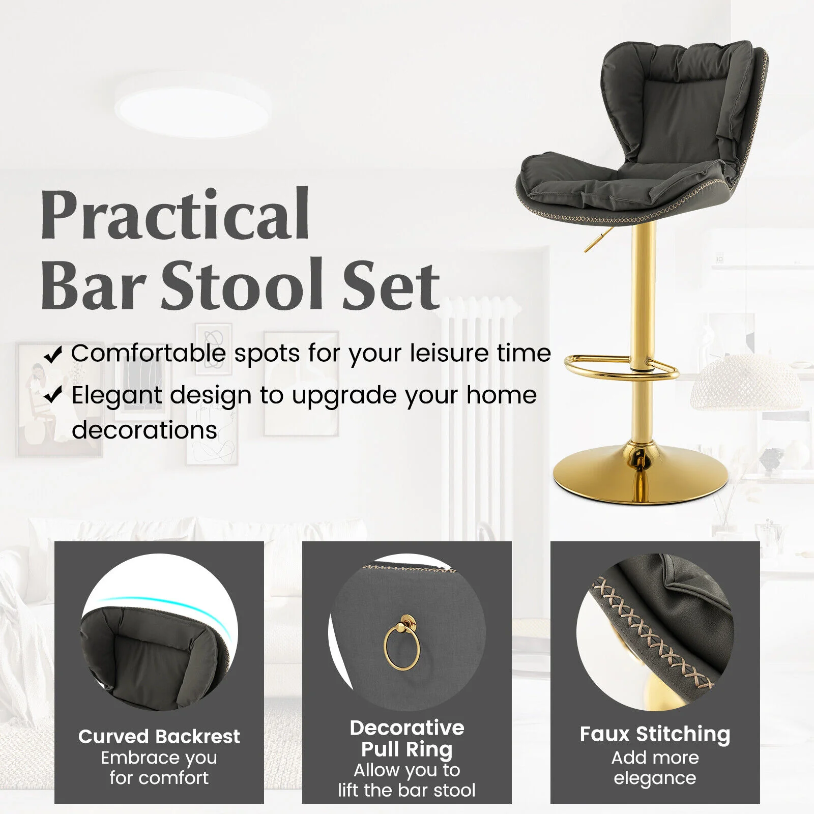 Set Of 2 Swivel Bar Stools, PU Leather, With Footrest And Curved Backrest, Gray - Image 9