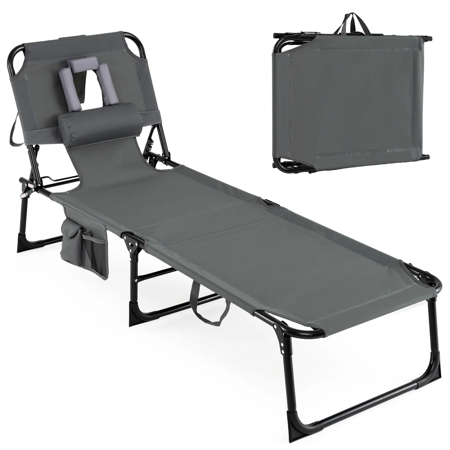 Set of 2 Tanning Chair Portable Chaise Lounge Chair with 4-Position Adjustable Backrest, Gray