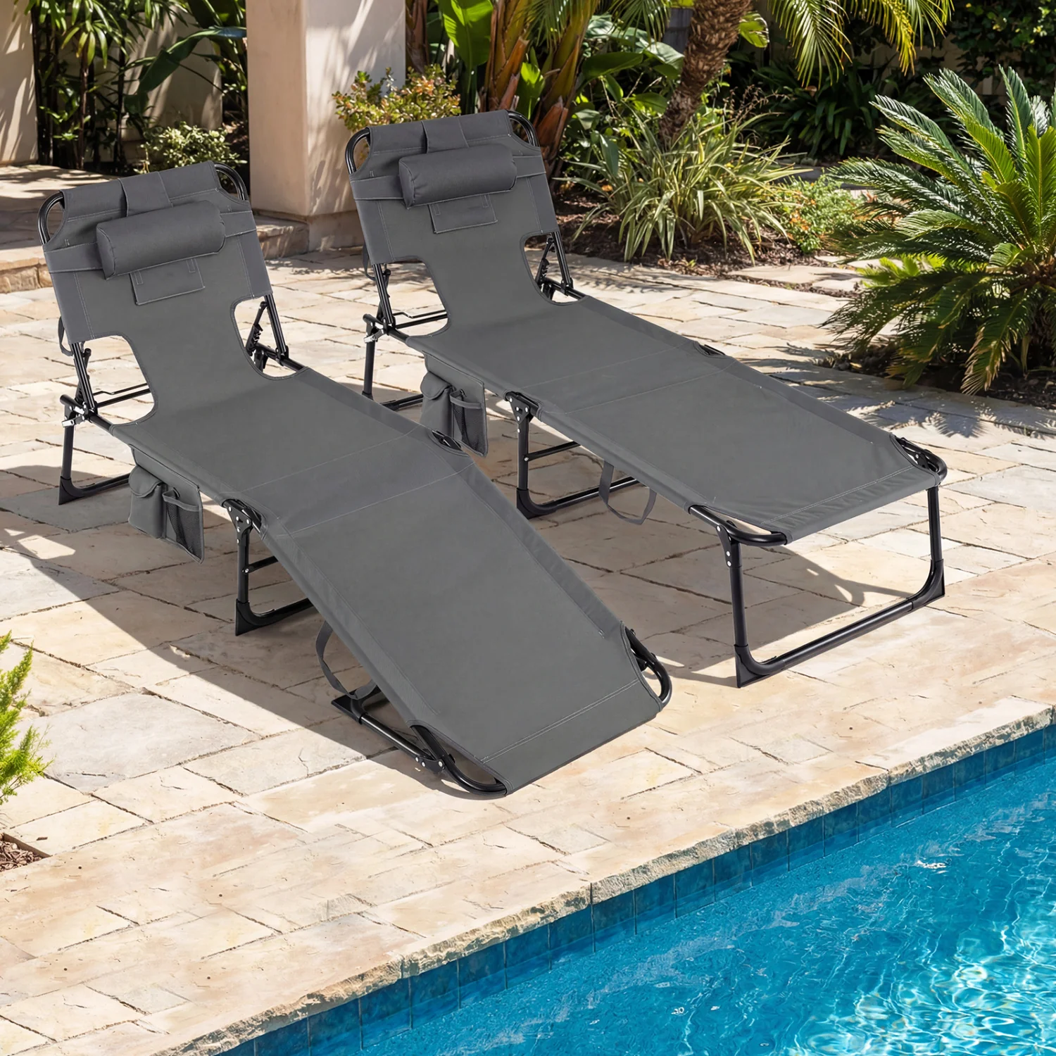 Set of 2 Tanning Chair Portable Chaise Lounge Chair with 4-Position Adjustable Backrest, Gray - Image 3