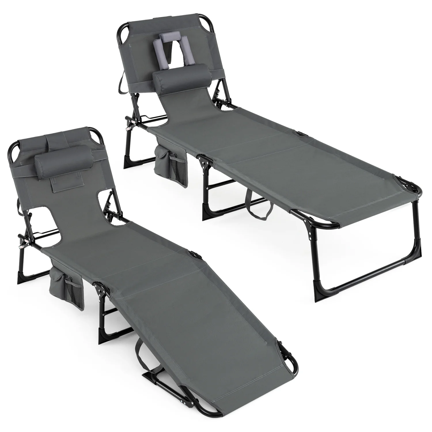 Set of 2 Tanning Chair Portable Chaise Lounge Chair with 4-Position Adjustable Backrest, Gray - Image 4