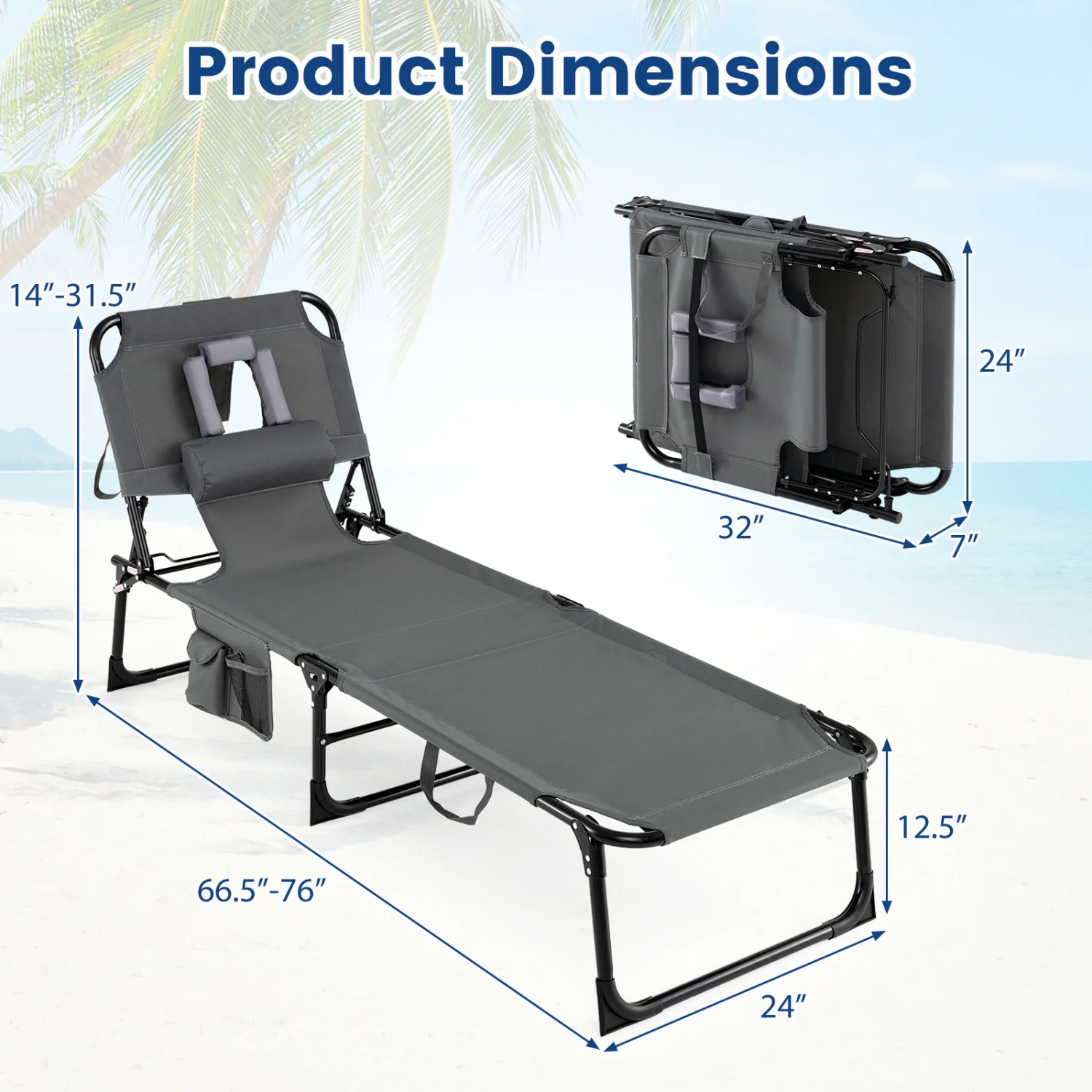 Set of 2 Tanning Chair Portable Chaise Lounge Chair with 4-Position Adjustable Backrest, Gray - Image 5