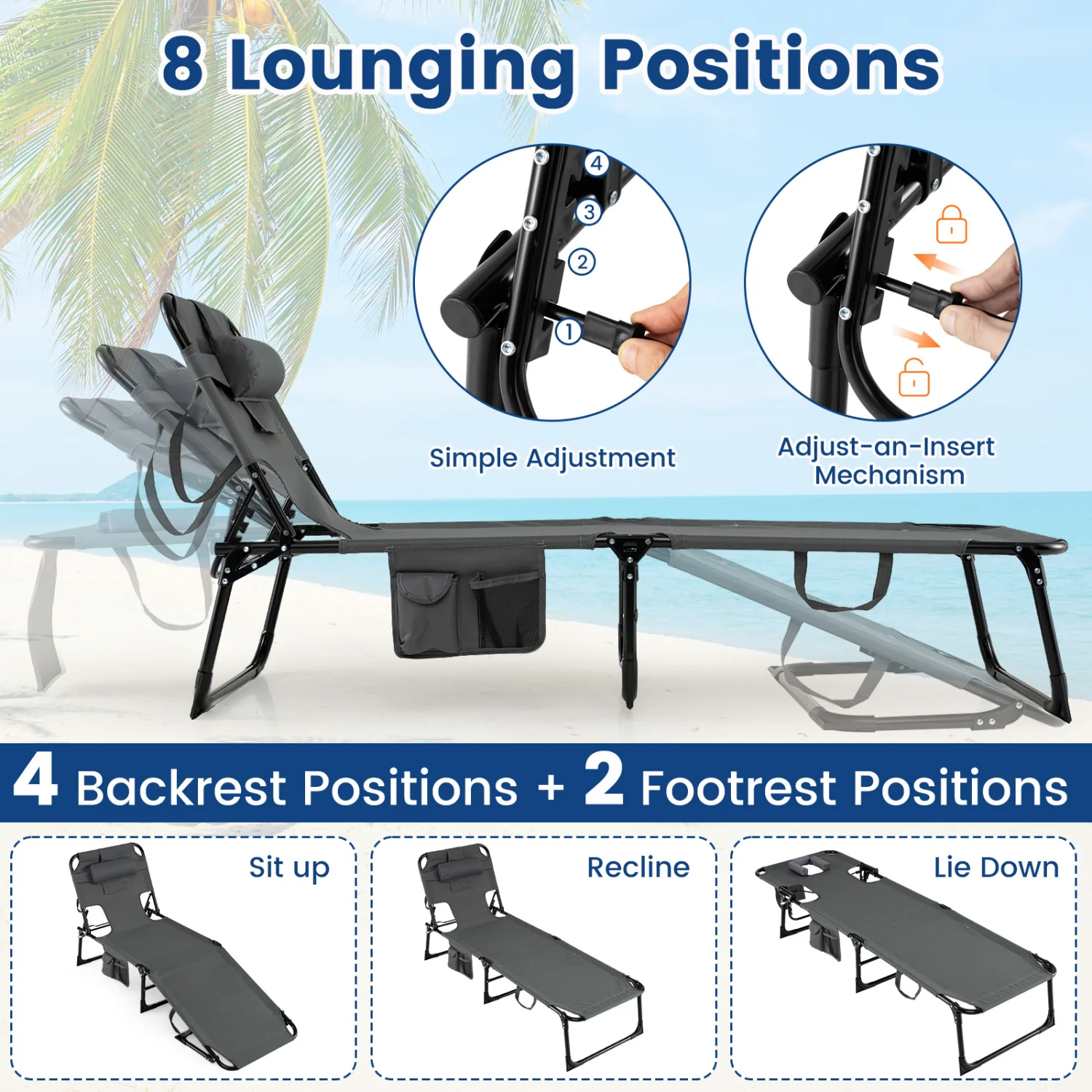 Set of 2 Tanning Chair Portable Chaise Lounge Chair with 4-Position Adjustable Backrest, Gray - Image 6