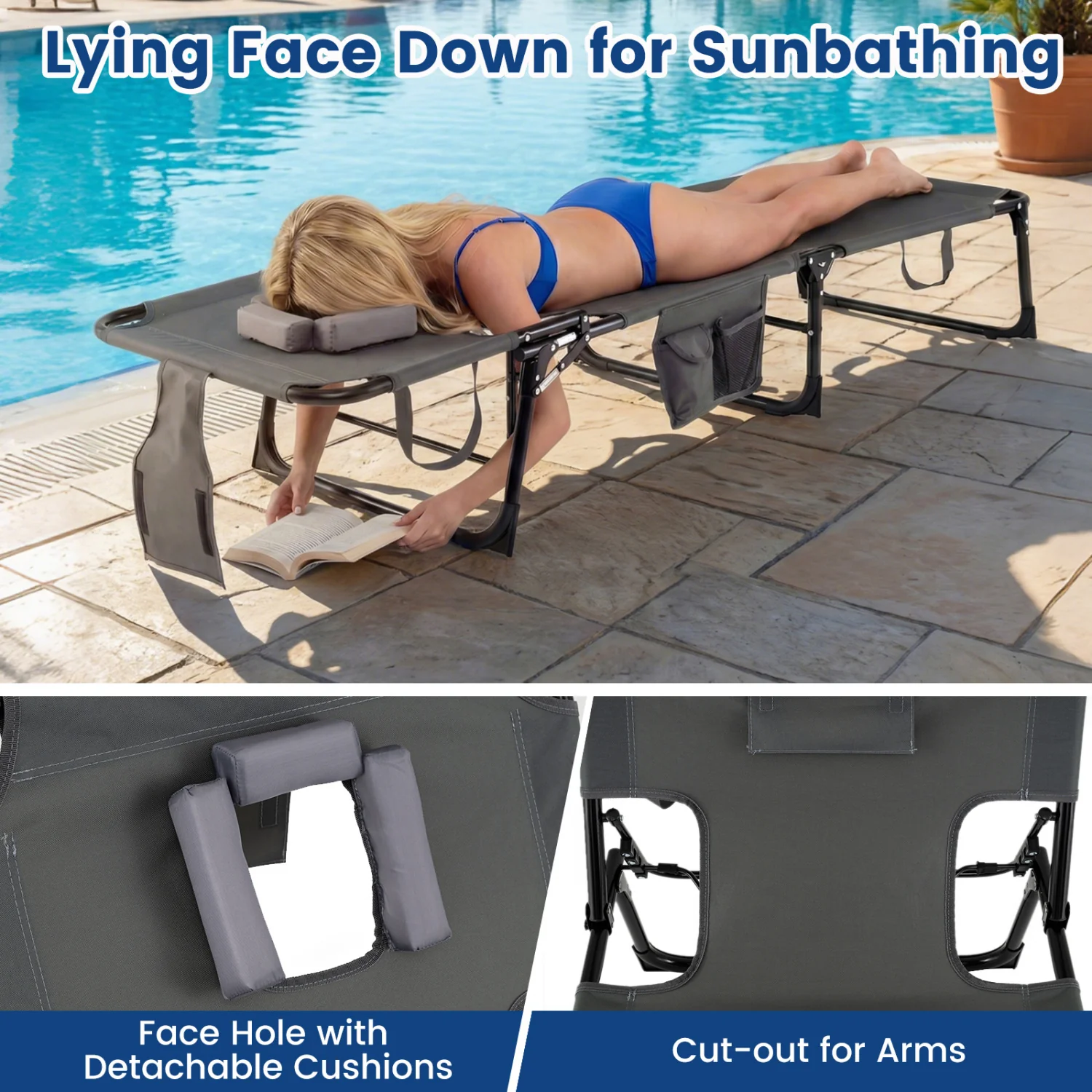 Set of 2 Tanning Chair Portable Chaise Lounge Chair with 4-Position Adjustable Backrest, Gray - Image 8