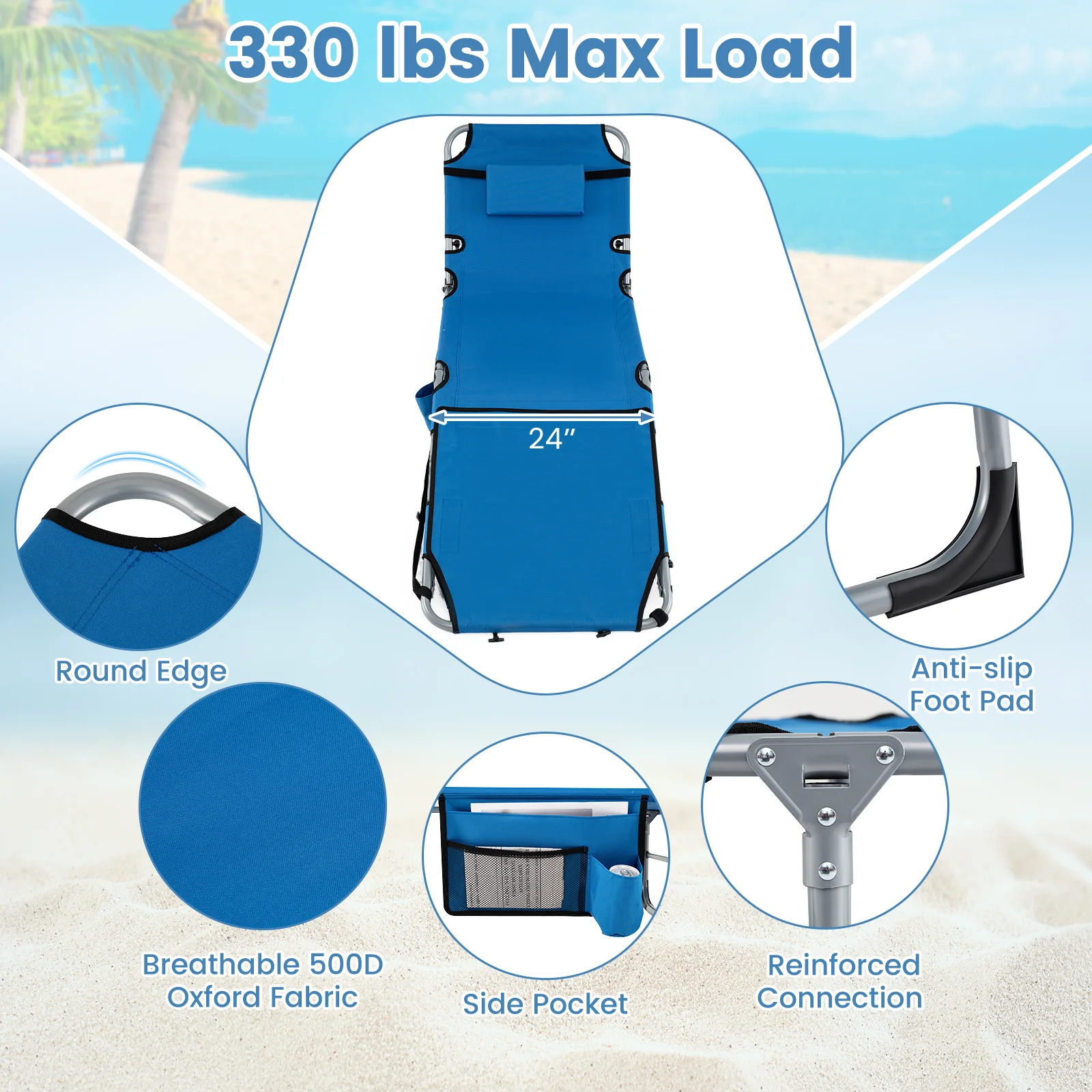Set of 2 Tanning Chairs, with Face Arm Holes, 4-Level Backrest, Blue - Image 10
