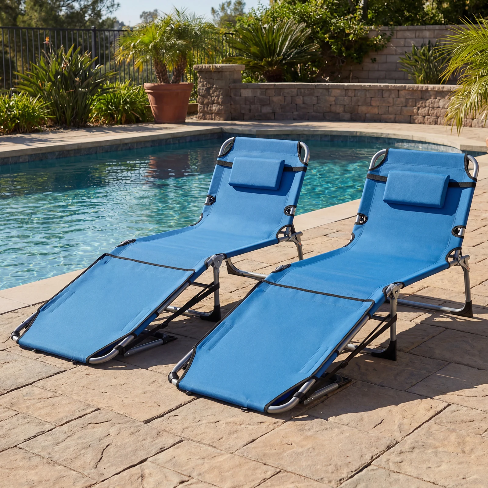 Set of 2 Tanning Chairs, with Face Arm Holes, 4-Level Backrest, Blue - Image 2
