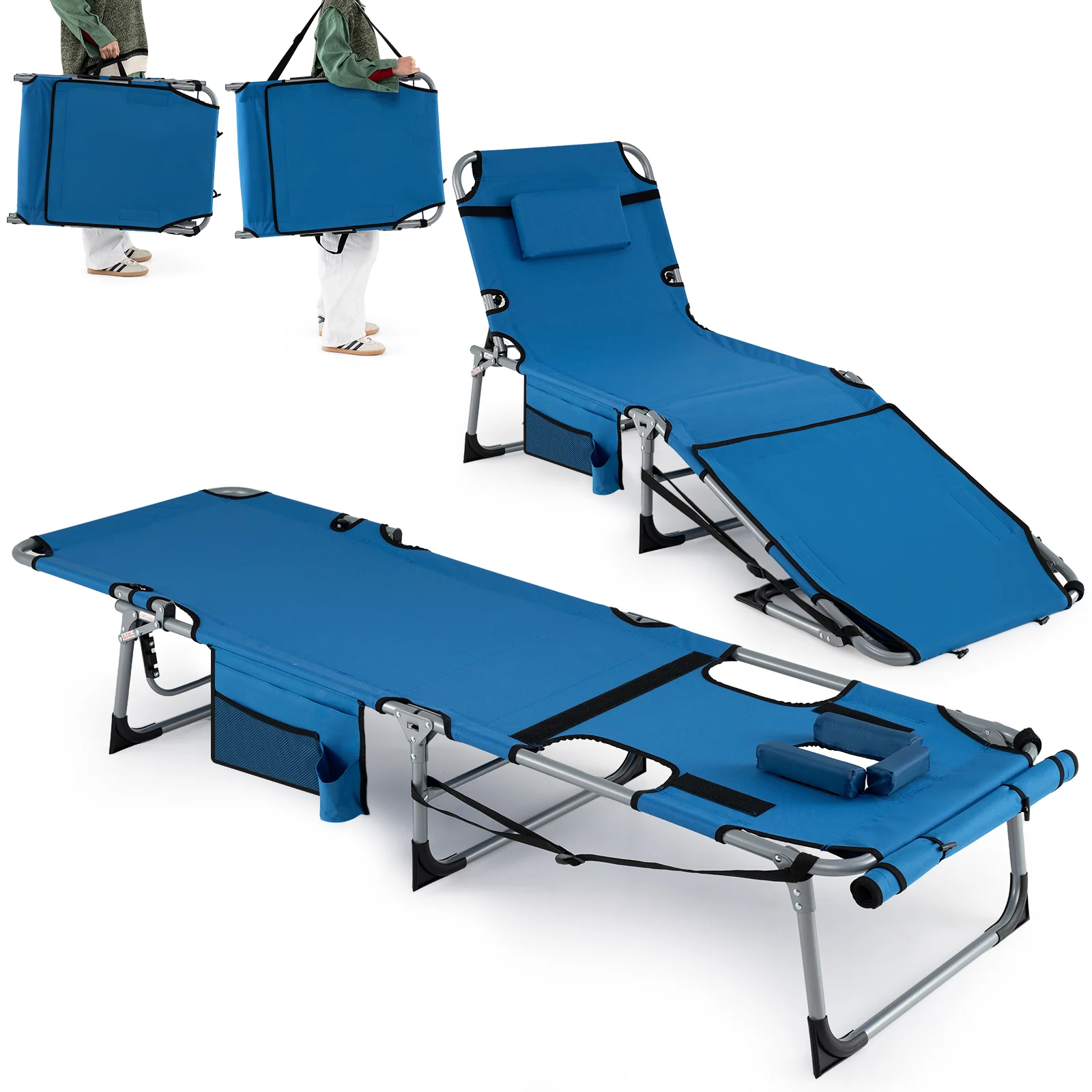 Set of 2 Tanning Chairs, with Face Arm Holes, 4-Level Backrest, Blue - Image 4