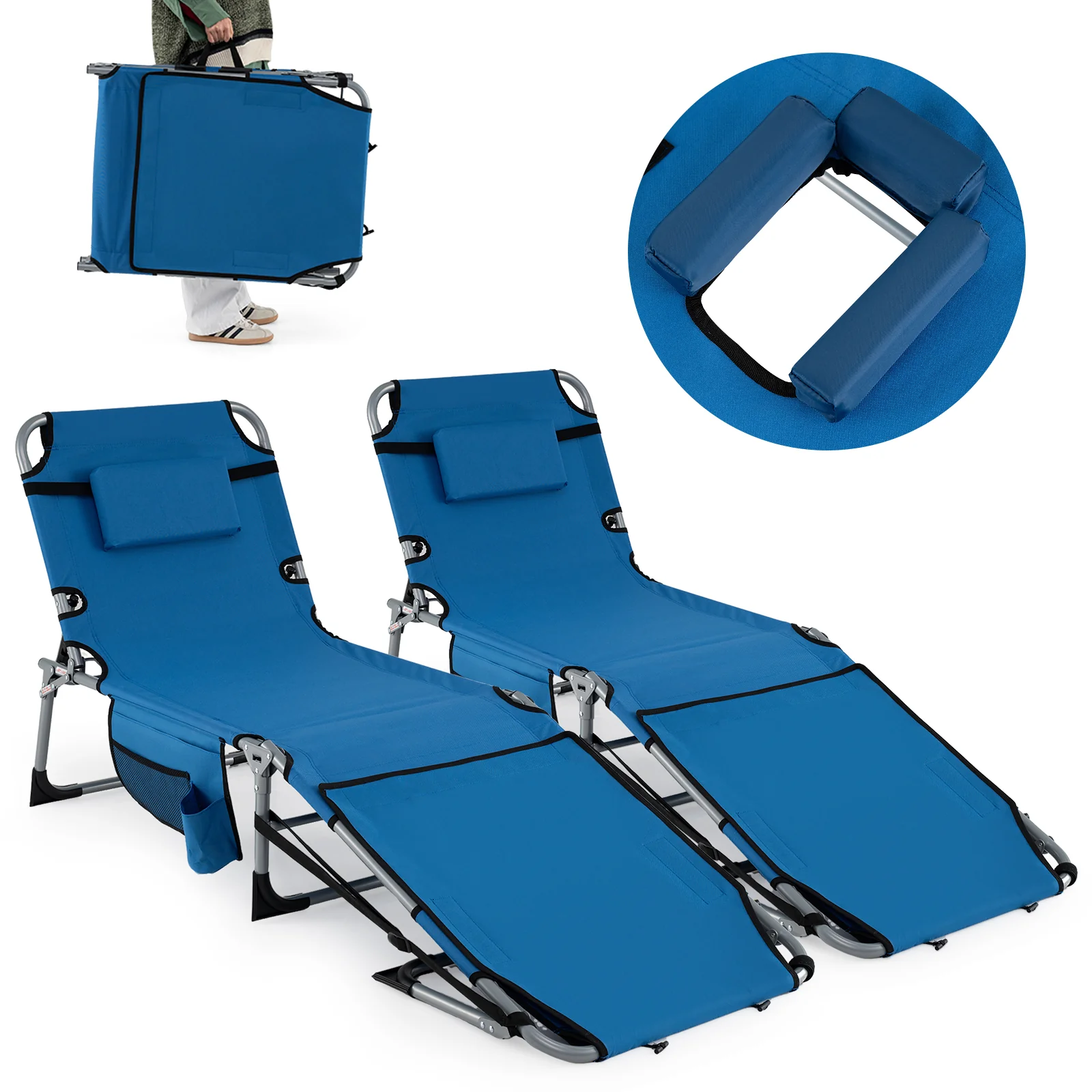 Set of 2 Tanning Chairs, with Face Arm Holes, 4-Level Backrest, Blue - Image 5