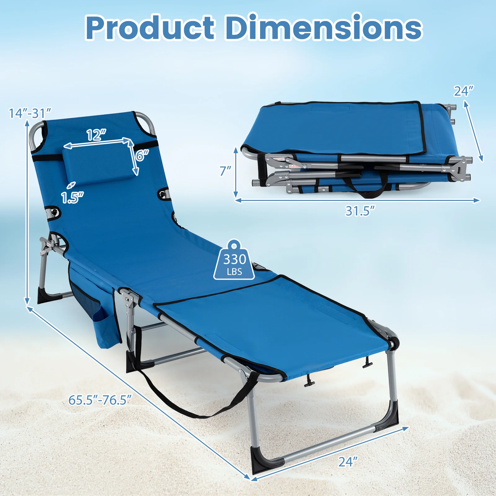 Set of 2 Tanning Chairs, with Face Arm Holes, 4-Level Backrest, Blue - Image 6