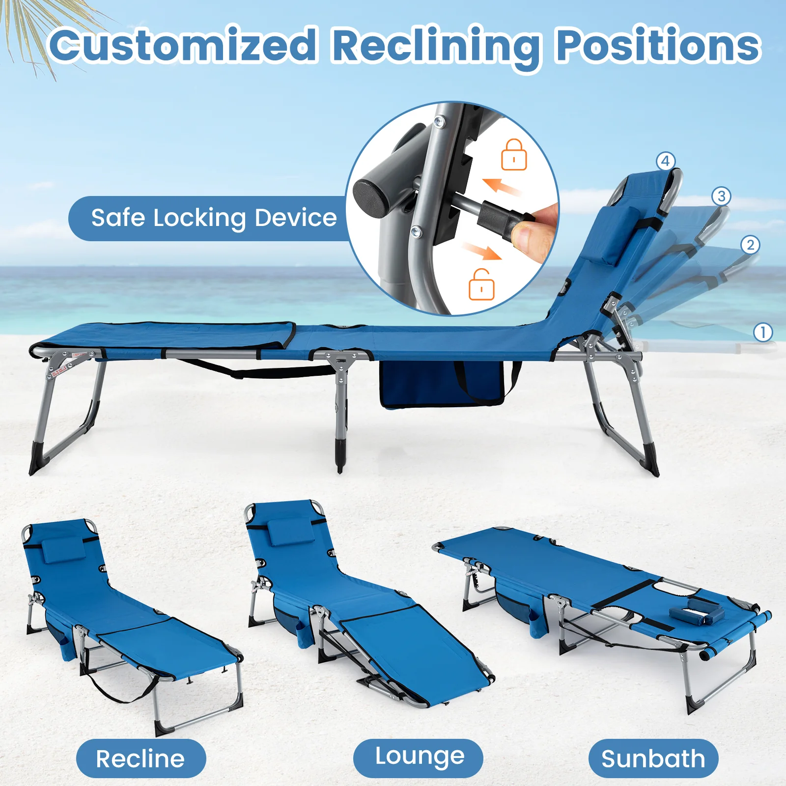 Set of 2 Tanning Chairs, with Face Arm Holes, 4-Level Backrest, Blue - Image 7