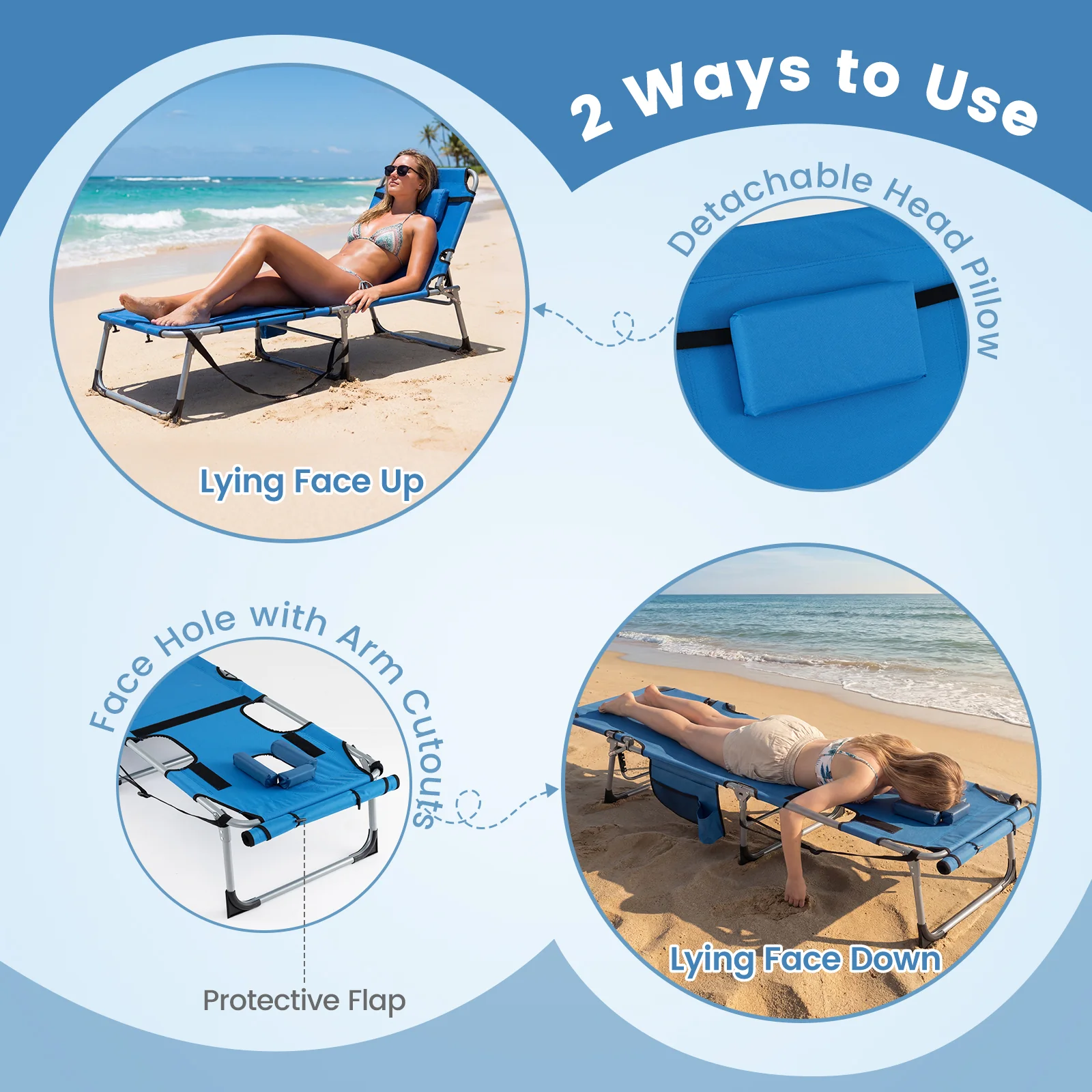 Set of 2 Tanning Chairs, with Face Arm Holes, 4-Level Backrest, Blue - Image 8