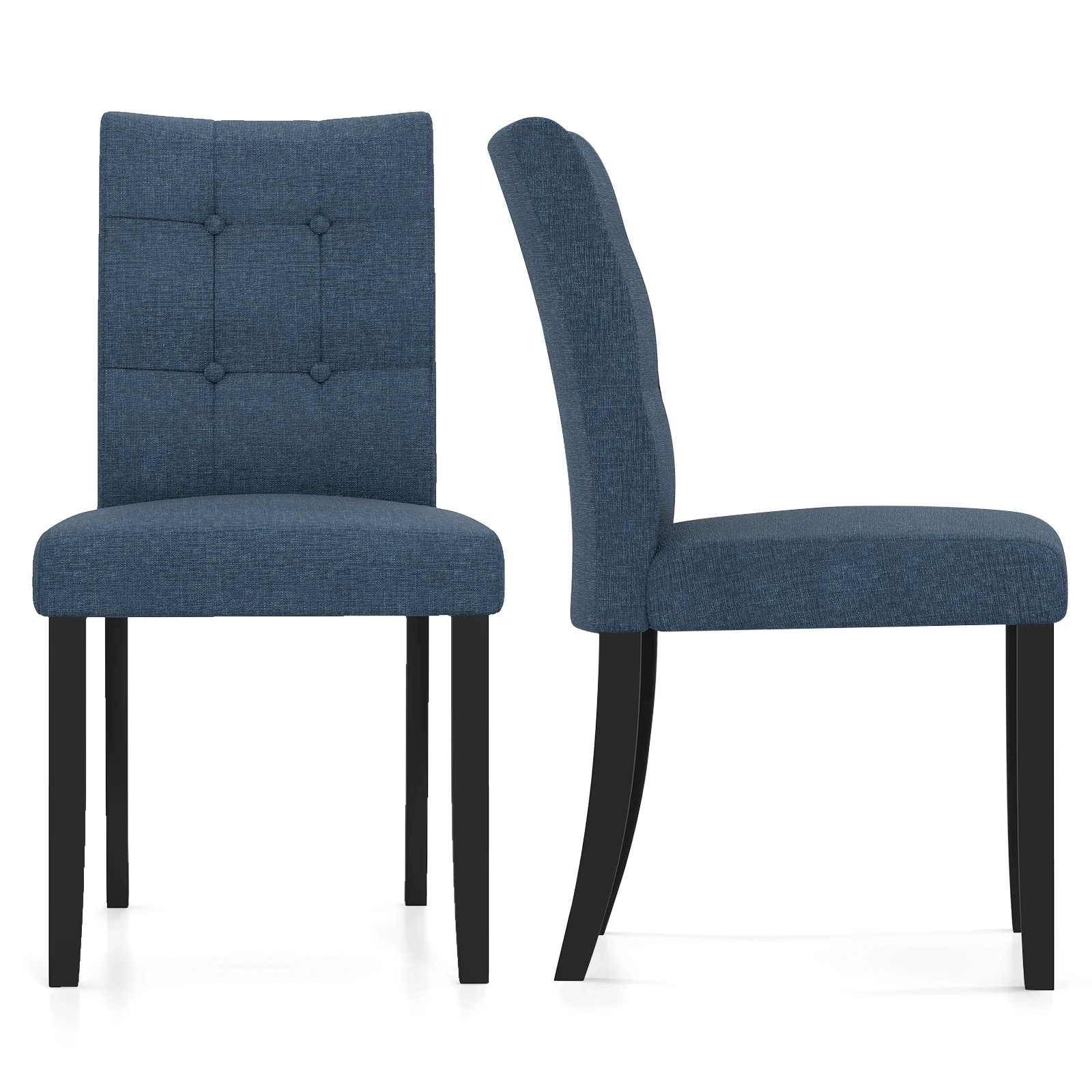 Set Of 2 Tufted Dining Chairs, Armless, Rubber Wood Legs, Dark Blue