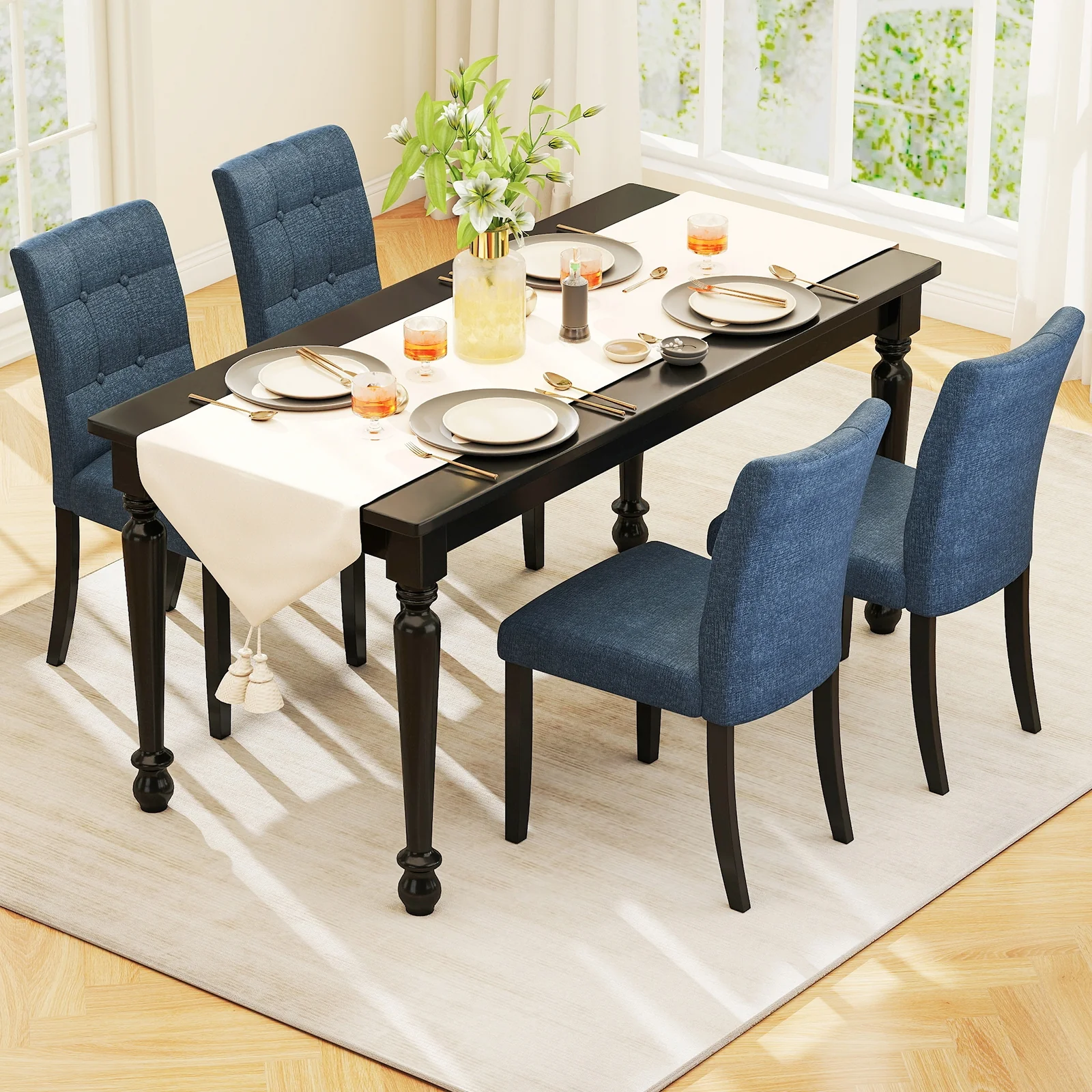 Set Of 2 Tufted Dining Chairs, Armless, Rubber Wood Legs, Dark Blue - Image 3