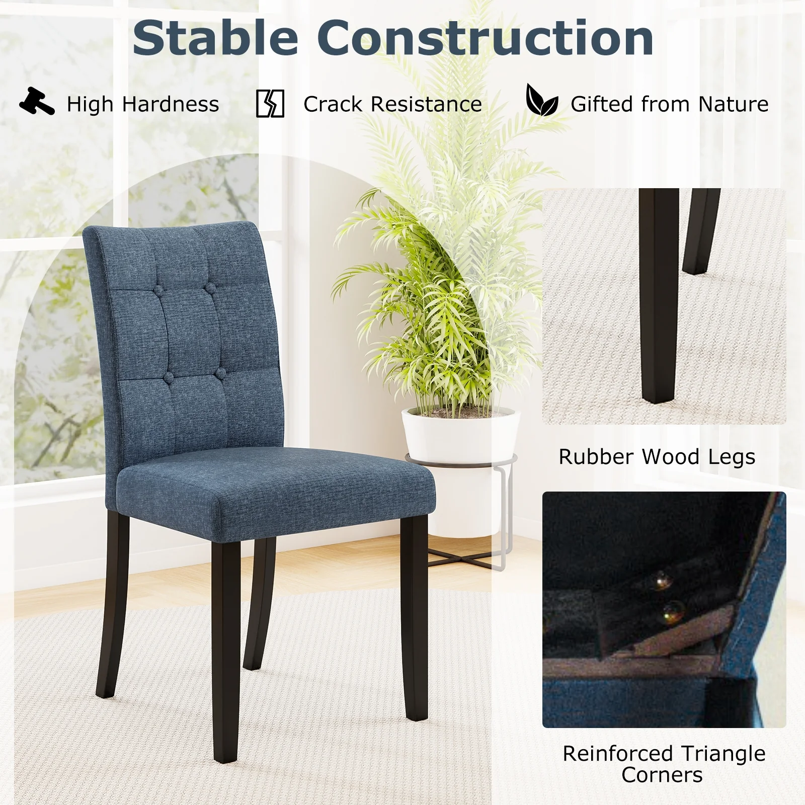 Set Of 2 Tufted Dining Chairs, Armless, Rubber Wood Legs, Dark Blue - Image 8