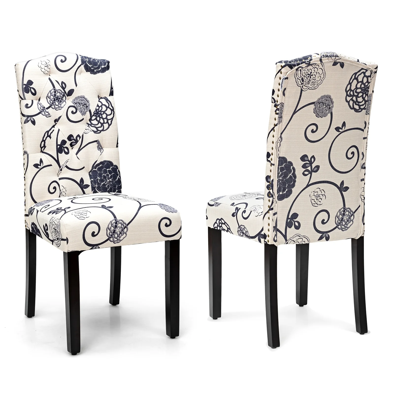 Set Of 2 Tufted Upholstered Dining Chairs, Black And White