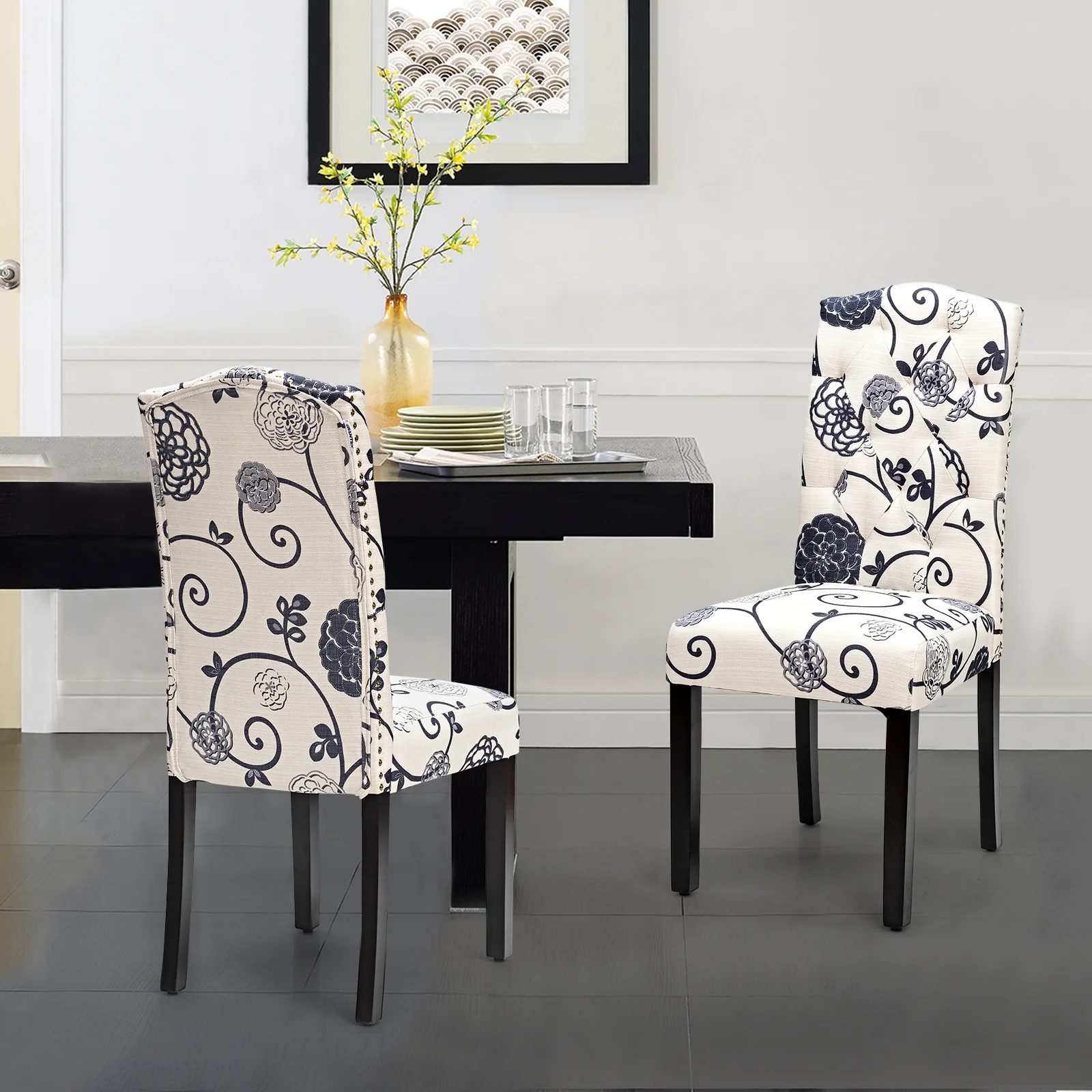 Set Of 2 Tufted Upholstered Dining Chairs, Black And White - Image 3