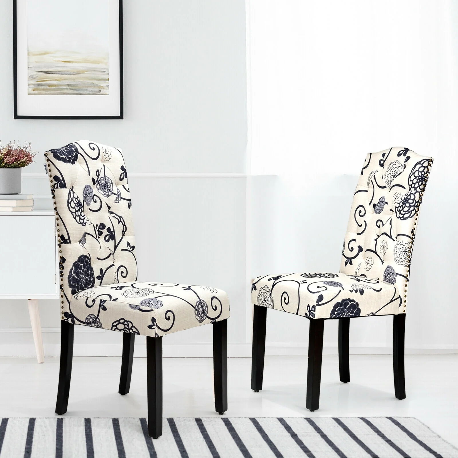 Set Of 2 Tufted Upholstered Dining Chairs, Black And White - Image 7
