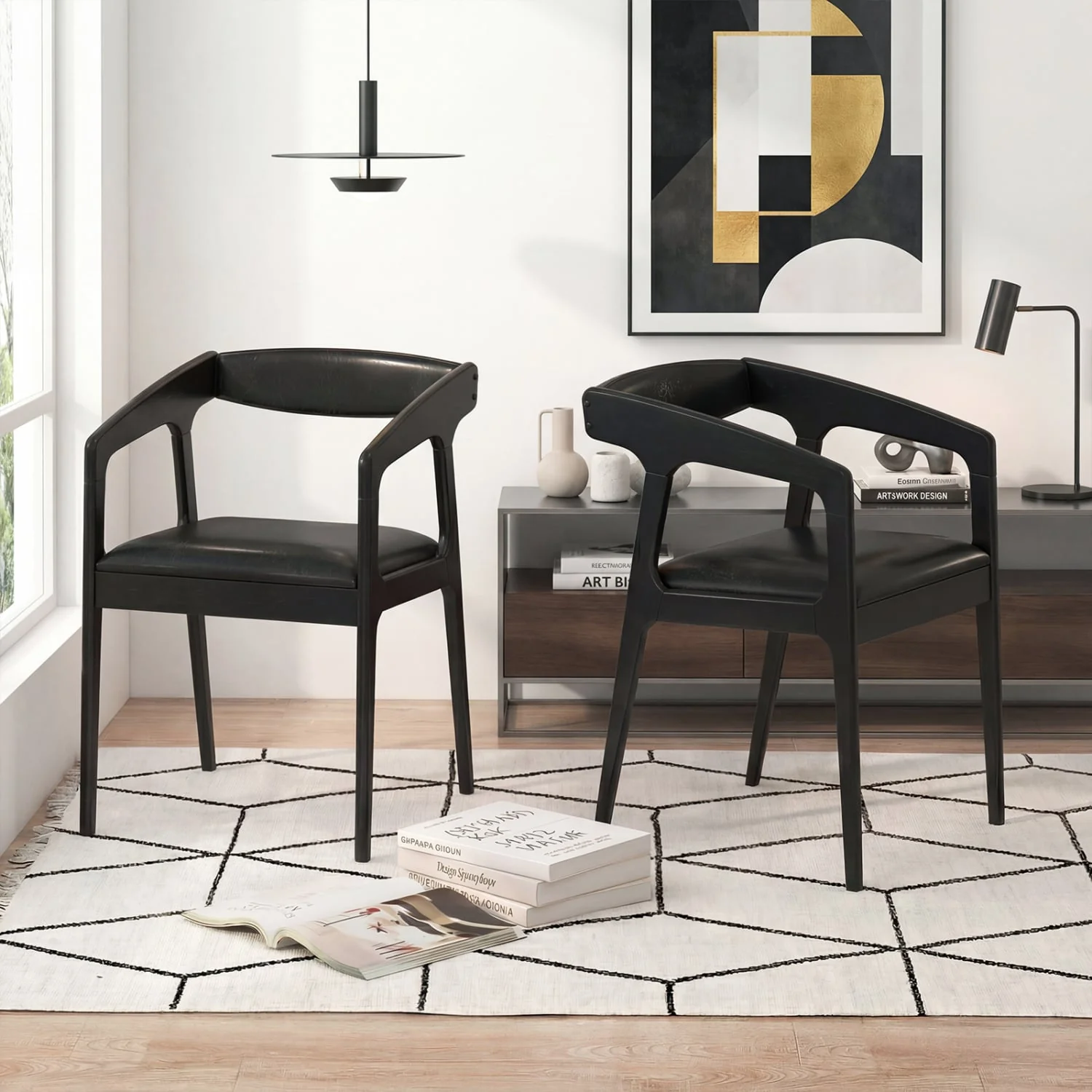 Set of 2 Upholstered Armchairs, Cozy Backrest, Black - Image 3