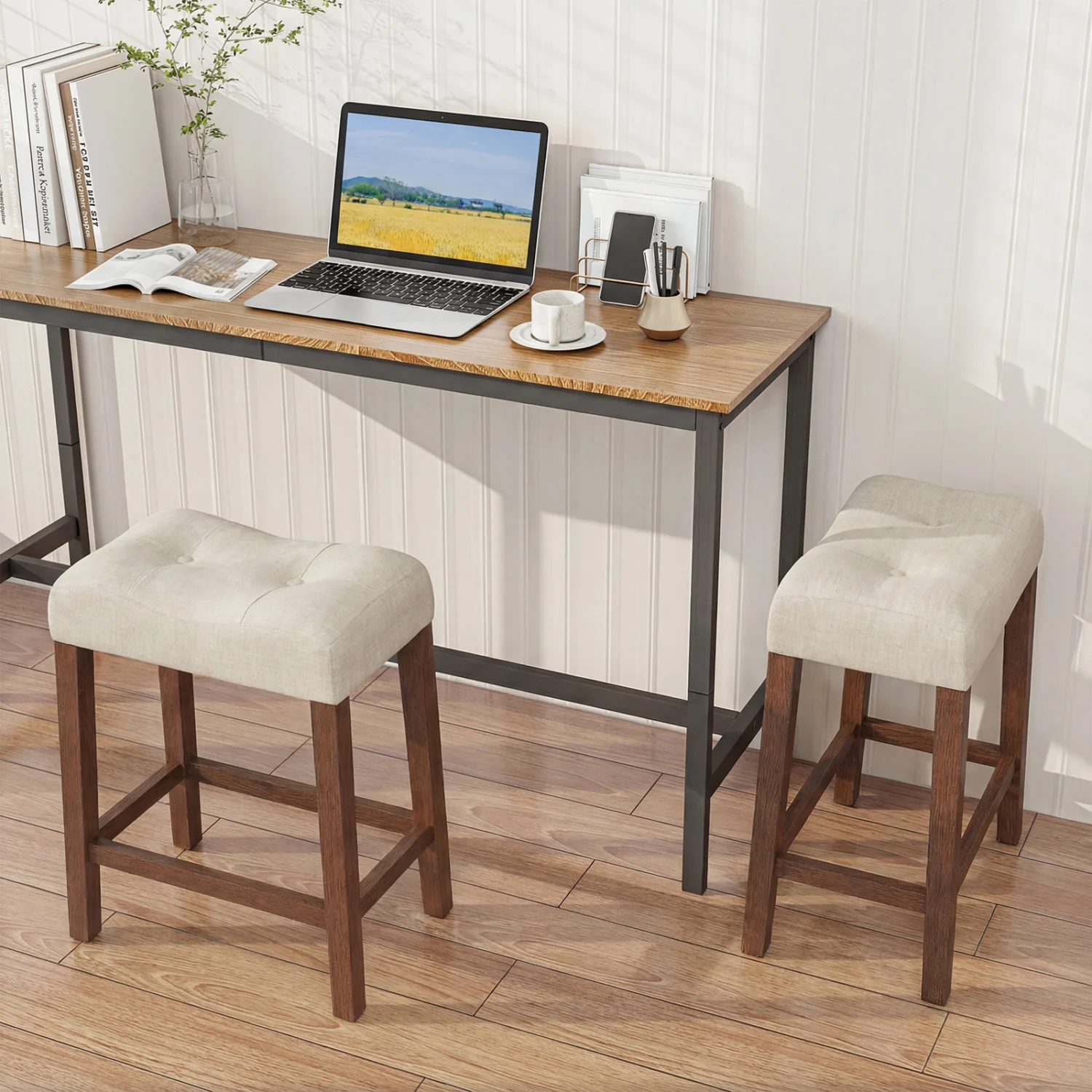 Set of 2 Upholstered Bar Stool, Curved Saddle Seat, Brown - Image 3