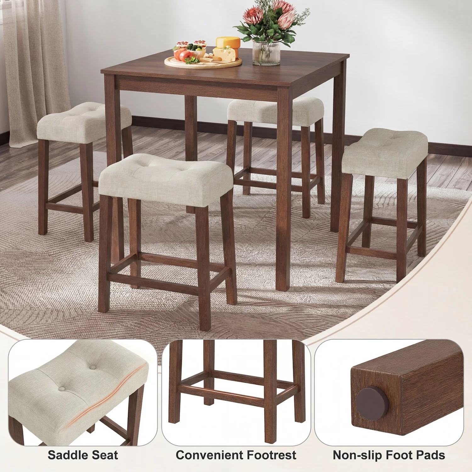 Set of 2 Upholstered Bar Stool, Curved Saddle Seat, Brown - Image 7