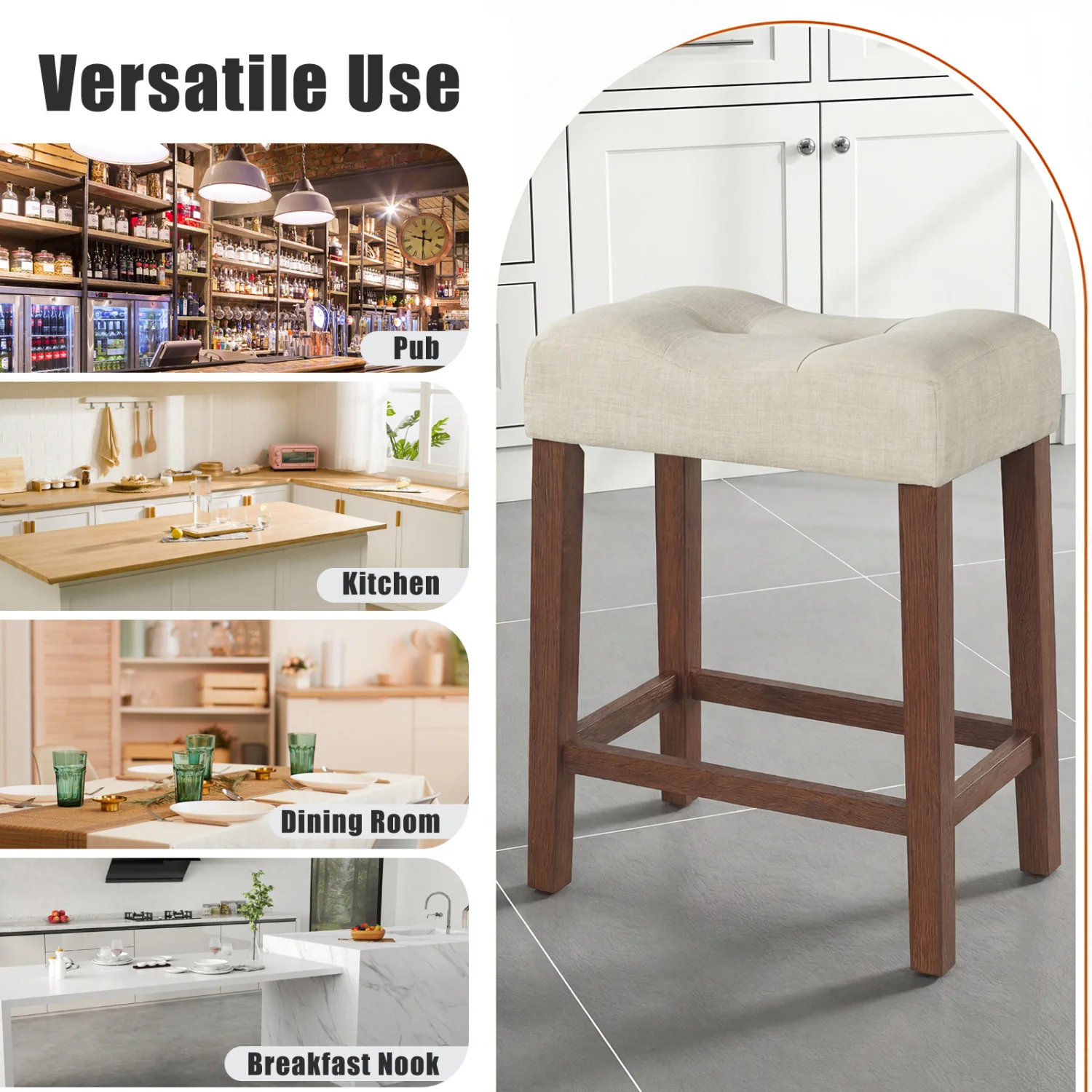 Set of 2 Upholstered Bar Stool, Curved Saddle Seat, Brown - Image 9