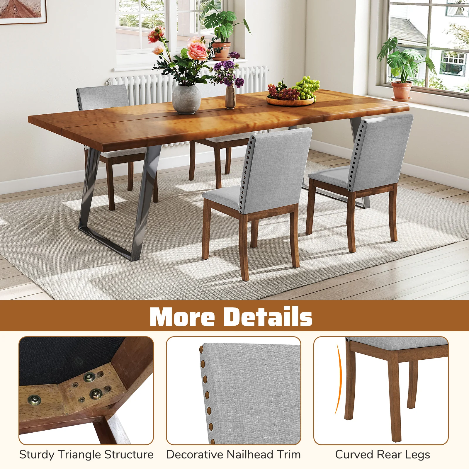 Set Of 2 Upholstered Dining Chairs, Padded Seat, Walnut - Image 6