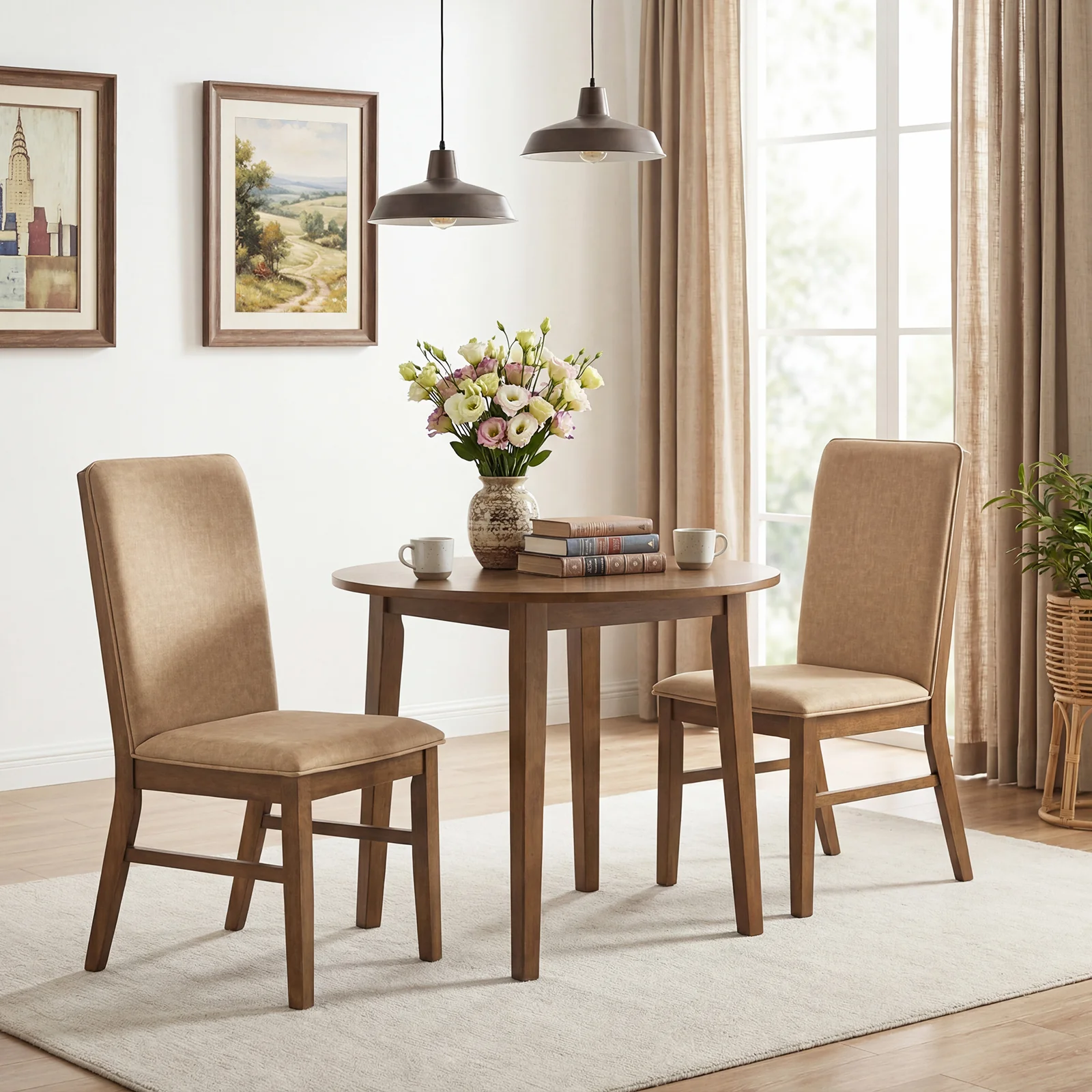 Set Of 2 Upholstered Dining Chairs, Solid Rubber Wood Legs, Brown - Image 2