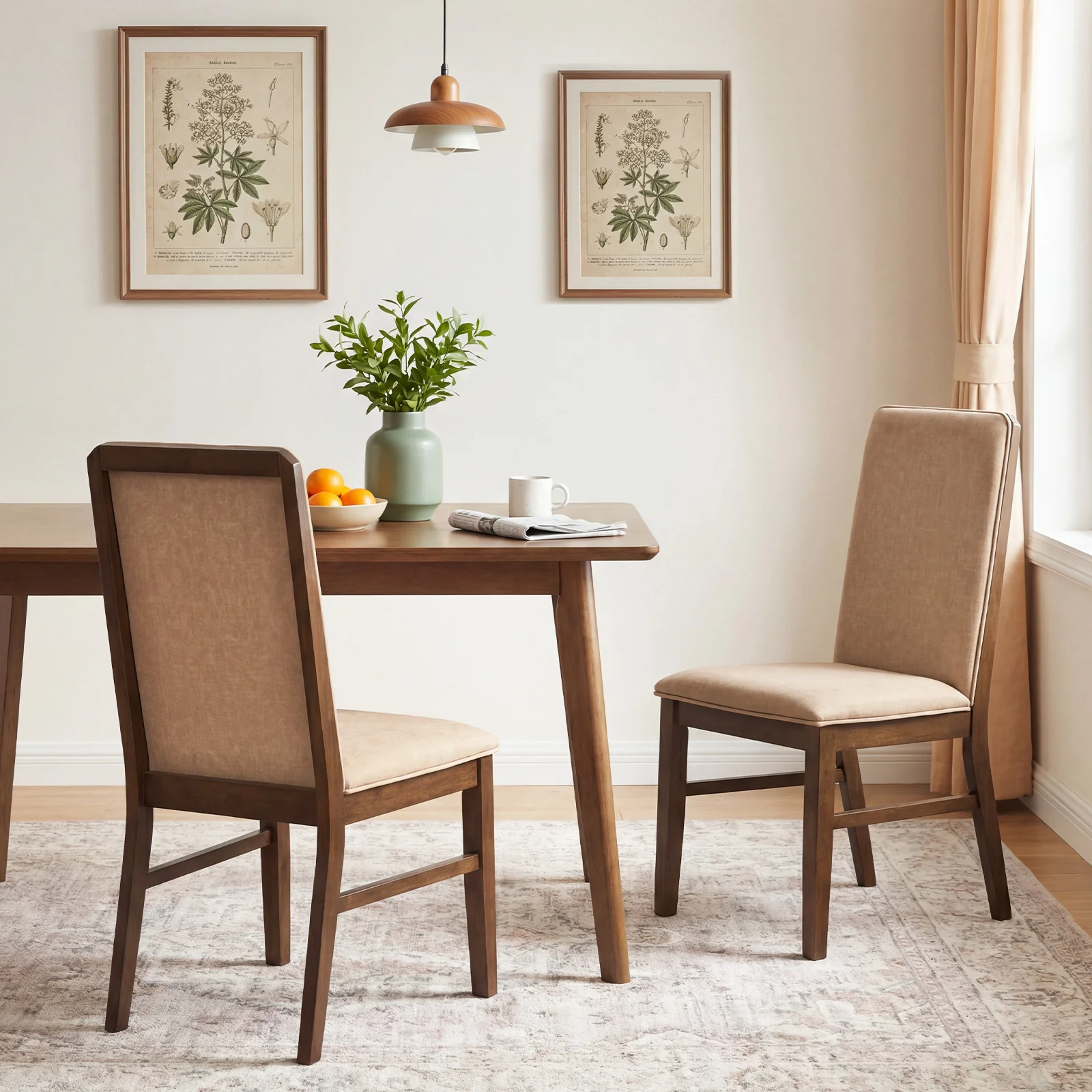 Set Of 2 Upholstered Dining Chairs, Solid Rubber Wood Legs, Brown - Image 3