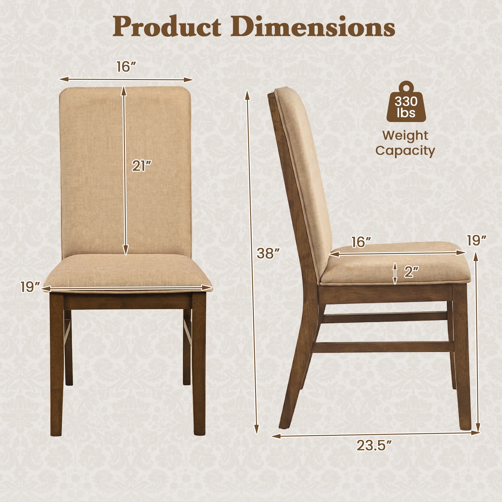 Set Of 2 Upholstered Dining Chairs, Solid Rubber Wood Legs, Brown - Image 4