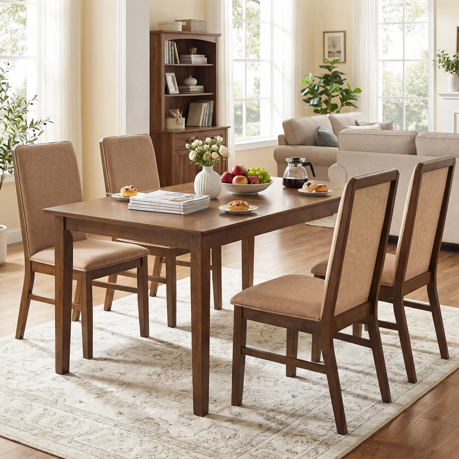 Set Of 2 Upholstered Dining Chairs, Solid Rubber Wood Legs, Brown - Image 5