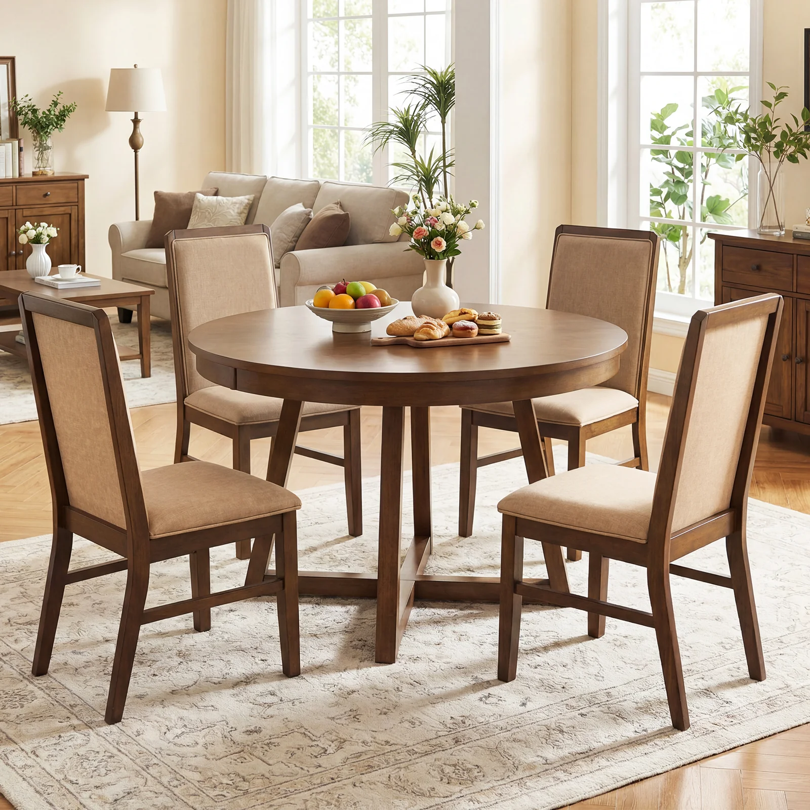 Set Of 2 Upholstered Dining Chairs, Solid Rubber Wood Legs, Brown - Image 6