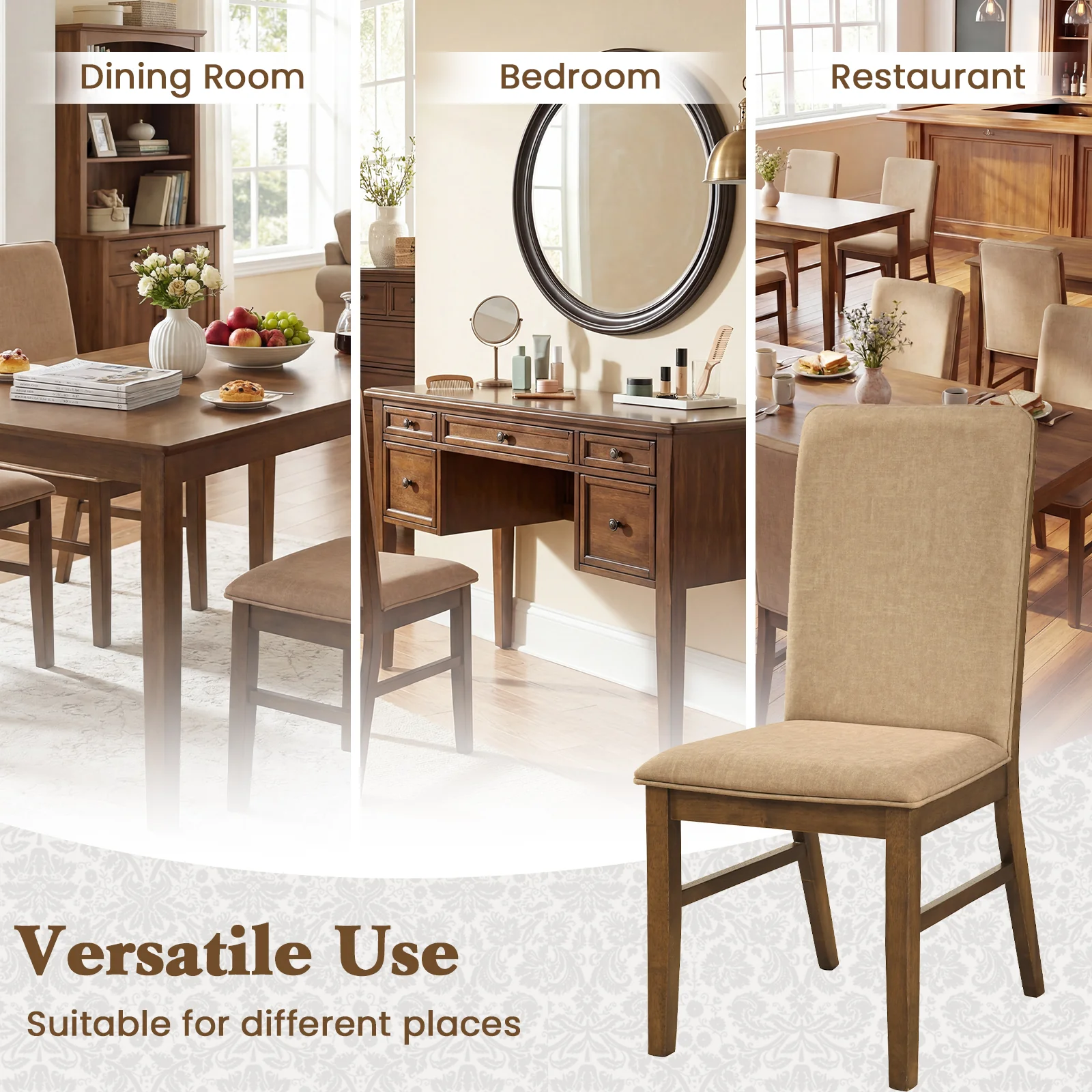Set Of 2 Upholstered Dining Chairs, Solid Rubber Wood Legs, Brown - Image 9