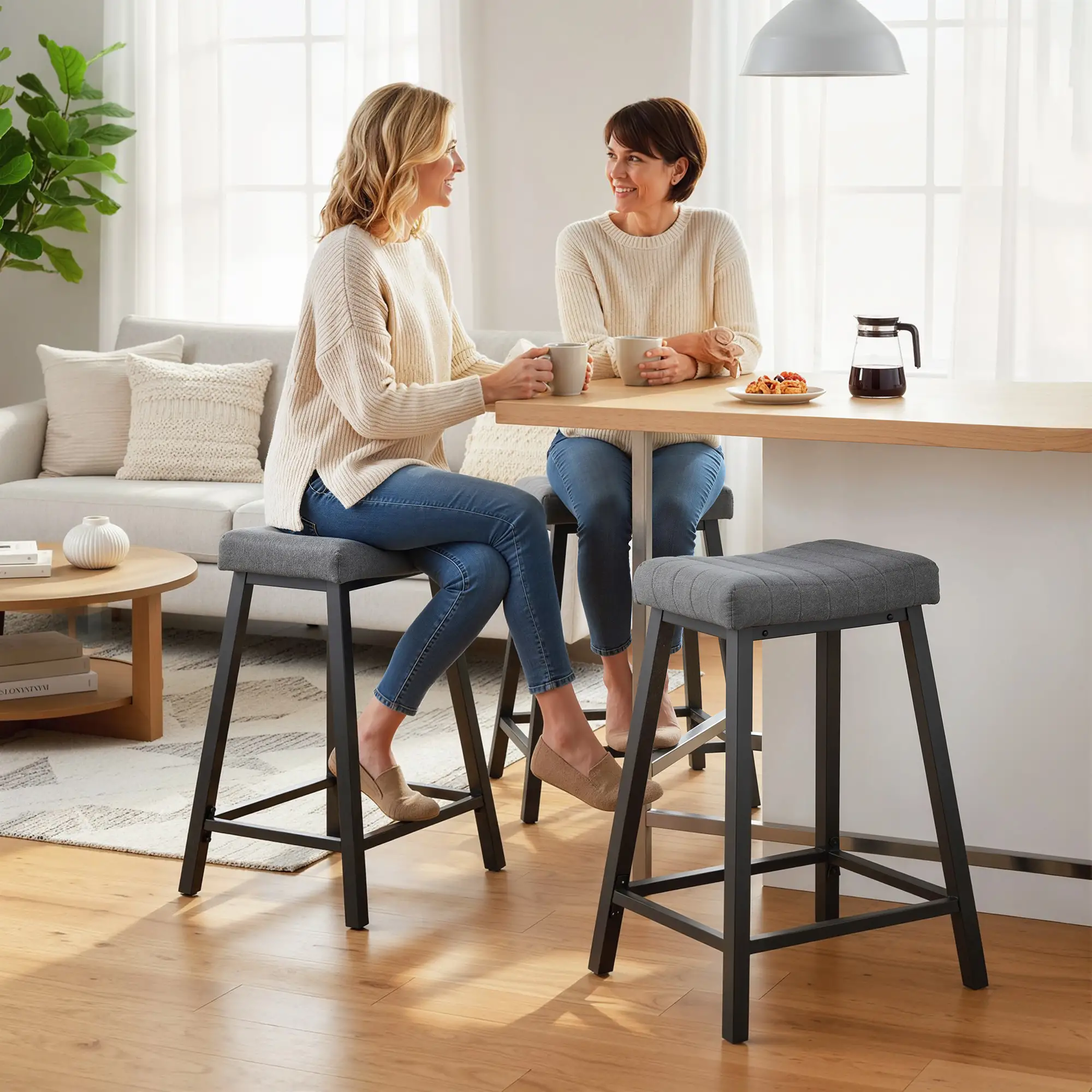 Set of 2 Velvet Bar Stools, Curved Seat with Footrest, Grey - Image 10