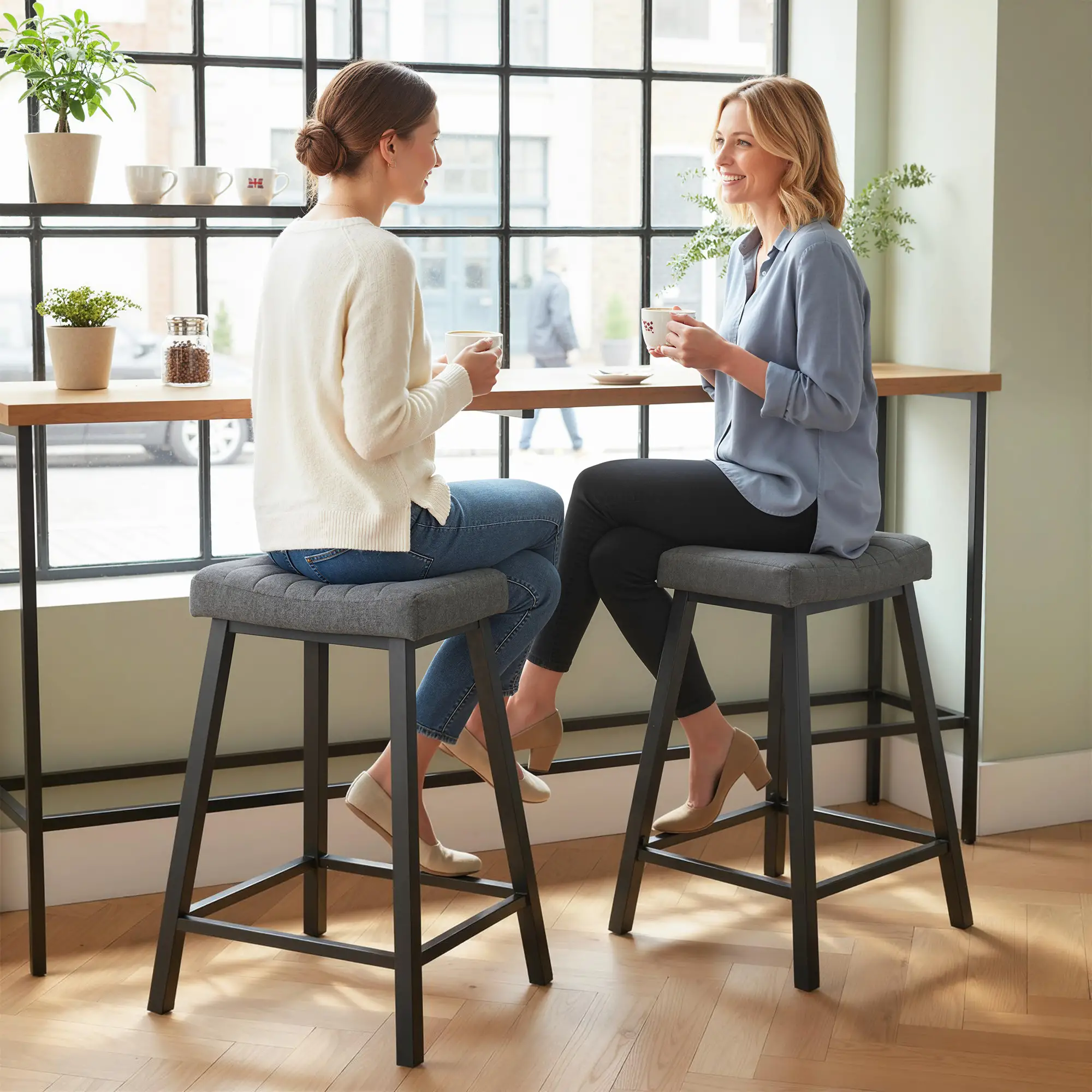 Set of 2 Velvet Bar Stools, Curved Seat with Footrest, Grey - Image 6