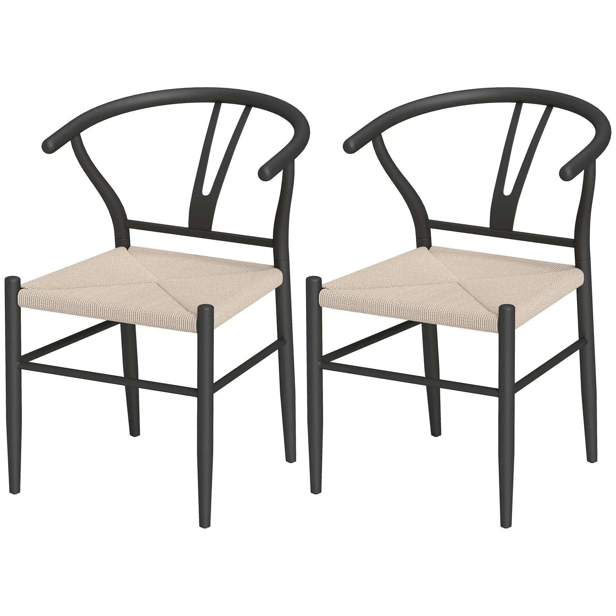 Set of 2 Weave Dining Chairs, Mid-Century Modern, Y-Shaped Backrest, Hemp Seat, Black
