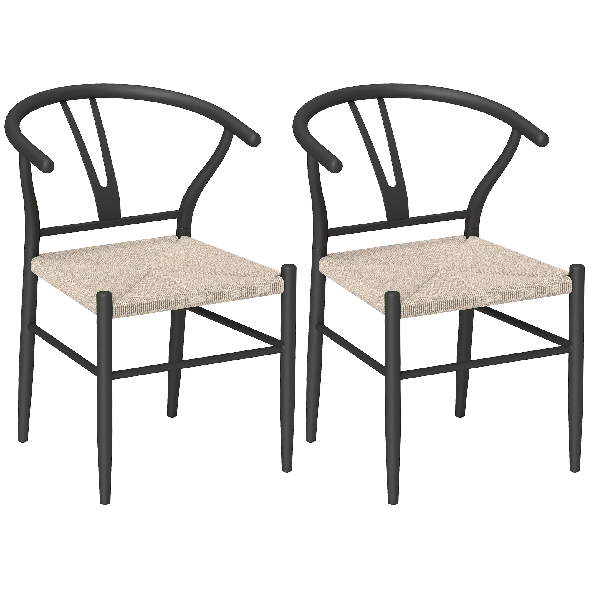 Set of 2 Weave Dining Chairs, Mid-Century Modern, Y-Shaped Backrest, Hemp Seat, Black - Image 11